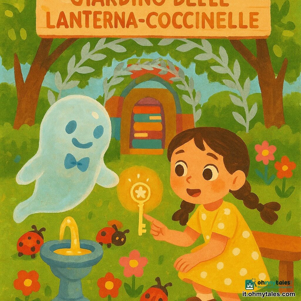 Un fantasma chiamato Nebbio, trasparente come una bolla, sorridente e timido con una piccola farfalla azzurra al colletto, fluttua sopra il suolo e indica una chiave brillante; una bambina di circa 6 anni, Lina, con due trecce brune e un vestito giallo a pois bianchi, accovacciata vicino a una panchina in legno cannella, tiene una chiave di vetro con una stella rotante all'interno; la scena nel Giardino delle Lanterna-Coccinelle mostra prato curato, fiori scintillanti, piccole coccinelle-lanterna rosse e una fontana che scorre come limonata lucente; sullo sfondo una porta di libri impilati e un arco di foglie argentee tra gli alberi, luce solare dolce in tonalità pastello; momento principale: Lina scopre la chiave sotto la panchina e Nebbio le indica tre sentieri, istante magico e meravigliato.
