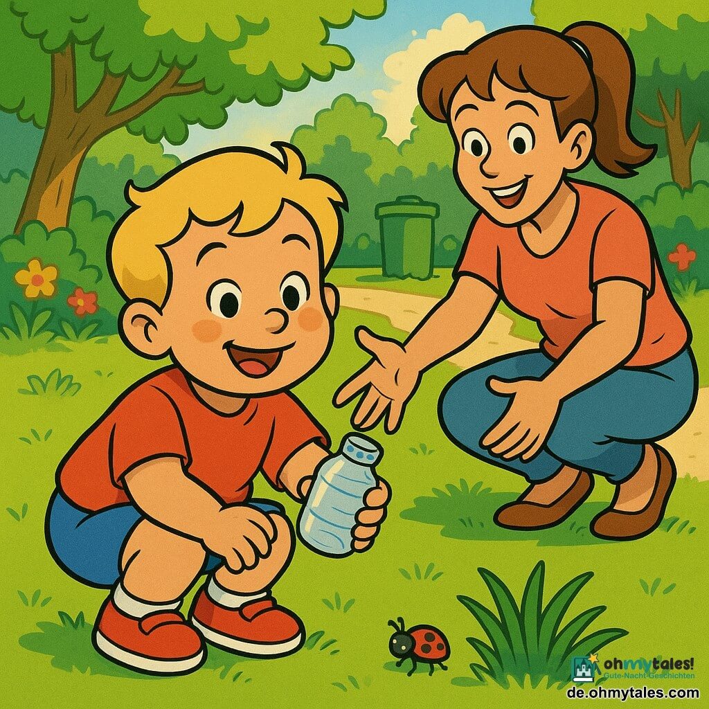 Ein zweijähriger Junge mit rundem Gesicht, rosigen Wangen und blonden Haarsträhnen, fröhlich und stolz, hält eine kleine durchsichtige Plastikflasche, die er aufgesammelt hat; seine etwa 30-jährige Mutter mit kastanienbraunen Haaren im Pferdeschwanz lächelt wohlwollend, steht leicht hinter ihm und streckt eine Hand zur Ermutigung aus; im Vordergrund krabbelt ein winziger schwarzer Käfer mit roten Punkten neben einer Grasbüschel; Ort: grüner Park mit grasigem Boden, Bäumen, die das Licht filtern, einem hellen Kiesweg und einer Mülltonne in der Ferne sowie bunten Blumen; Szene: der Junge hockt beim Aufheben der Flasche, sanftes Sonnenlicht auf den Gesichtern, lebhafte Farben und warme, optimistische Atmosphäre.