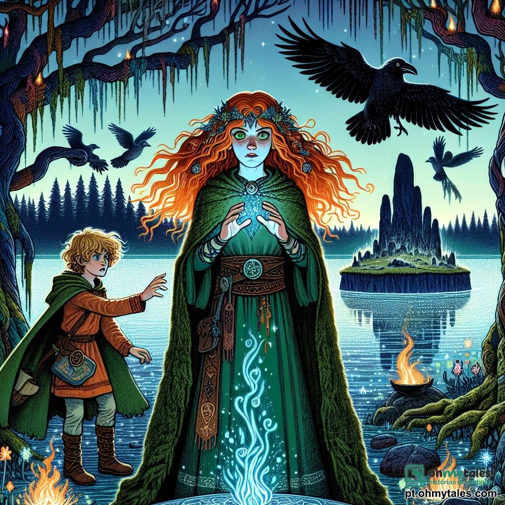 No centro da imagem, Maelis, uma jovem de cabelos ruivos e olhos verdes cheios de determinação, está diante de um lago cintilante. Ela usa um manto verde musgo adornado com símbolos druidicos, e seu rosto expressa profunda concentração e leve nervosismo. Ao seu lado, Lugh, um garoto de cabelos dourados e olhos travessos, se transforma em corvo, batendo as asas com entusiasmo, pronto para ajudá-la. O cenário é uma ilha flutuante no meio de um lago de águas prateadas, cercada por névoas leves e flores luminescentes. Árvores de formas estranhas, com troncos torcidos e folhas brilhantes, se erguem ao redor do lago, criando uma atmosfera mágica e misteriosa. A situação principal mostra Maelis, com as mãos estendidas em direção a uma chama azul em um altar de pedra, pronta para reavivar a magia do Véu, enquanto Lugh, em corvo, voa ao seu redor, trazendo leveza a este momento solene.