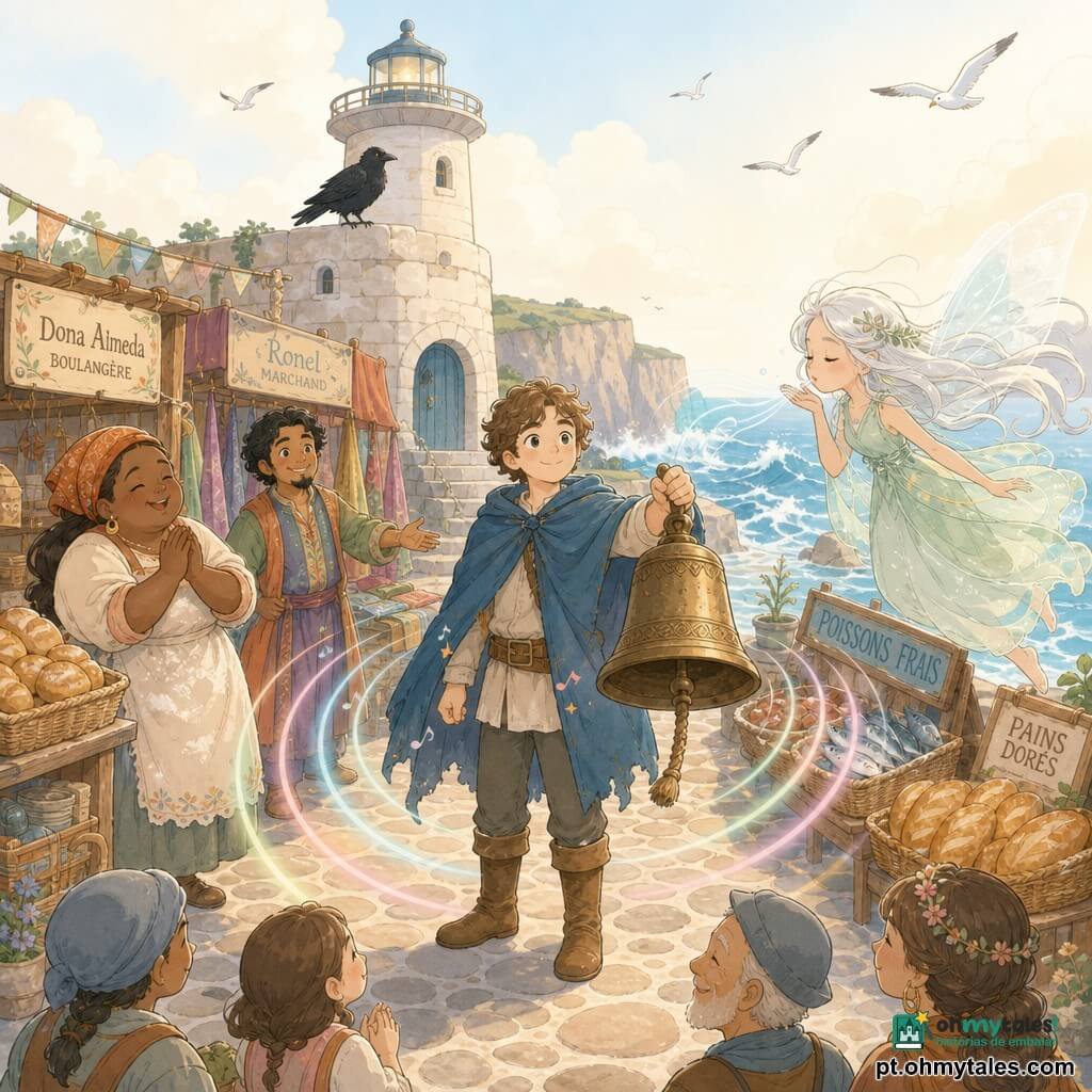 Homem Elian, rosto sereno e sorridente, olhos suaves, capa azul amarrotada, botas castanhas; segura um grande sininho de bronze e o balanceia lentamente, postura firme e benevolente; fada dos ventos, jovem, cabelos prateados e flutuantes como fios de seda, vestido verde translúcido, paira à direita soprando uma brisa leve, asas finas e luminosas; Dona Almeda, cerca de 50 anos, padeira rechonchuda, avental enfarinhado, mãos juntas aplaudindo, está à esquerda diante de uma banca de pães dourados; Ronel, cerca de 45 anos, comerciante de roupas coloridas, sorriso tímido, estende uma mão amiga, atrás de Dona Almeda junto a uma banca de tecidos; um grande corvo negro de plumagem brilhante pousa no parapeito do farol observando do alto; cenário: pequena praça de mercado costeira aos pés de um farol de pedra branca, calçada de paralelepípedos redondos, bancas de madeira com cestos de peixes e pães, falésia e mar azul agitado ao fundo, algumas gaivotas estilizadas; ação principal: Elian toca o grande sininho e vê-se ondas sonoras coloridas e suaves (vagas circulares em tons pastel) a propagar-se pela praça, acalmando rostos e aproximando os aldeões, ambiente de manhã dourada com luz quente e serena; paleta: tons pasteis suaves (azul-céu, coral, verde-menta, bege), traços simples, formas arredondadas, sombras discretas, atmosfera heroica e pacífica.
