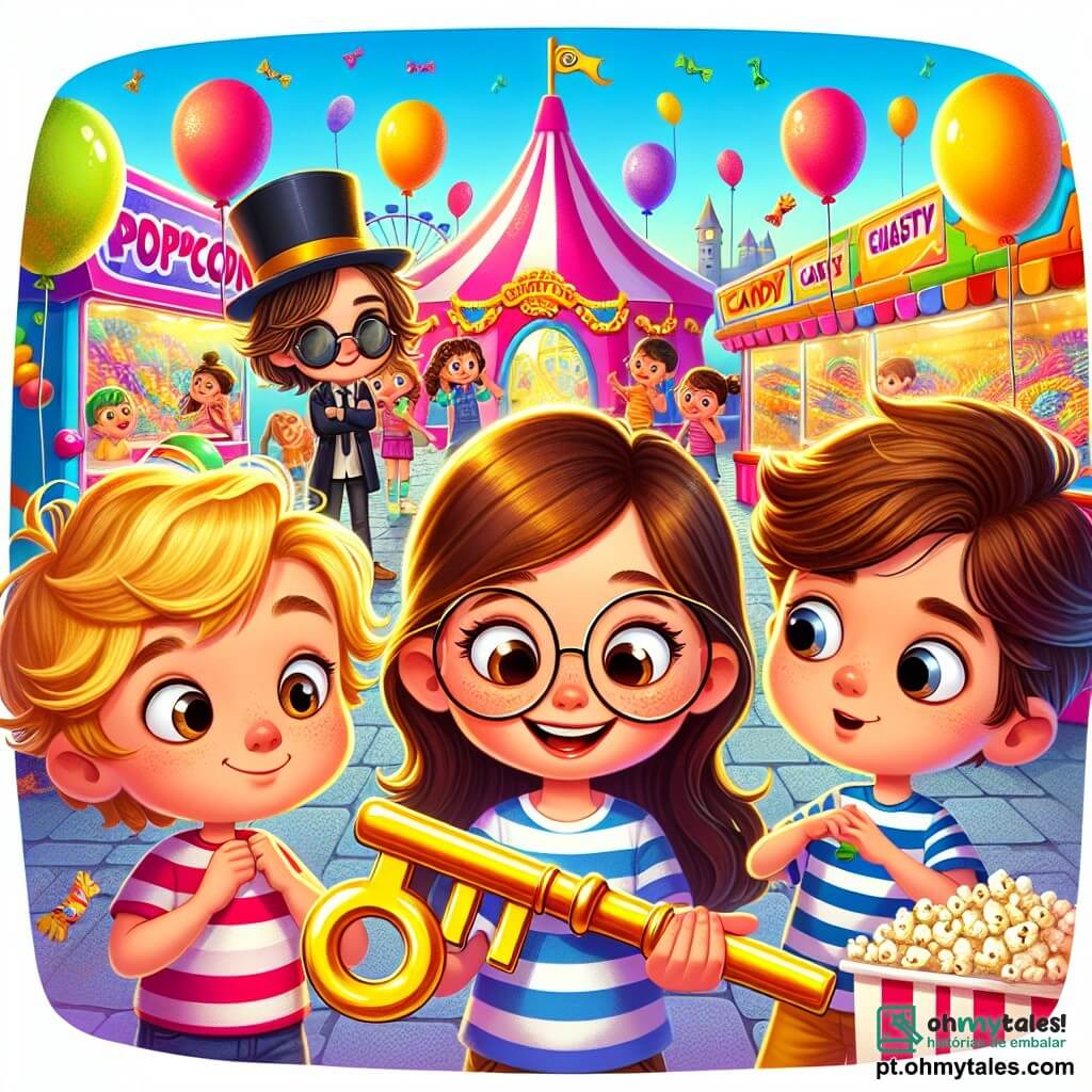 No centro da cena, uma menina chamada Sofia, com longos cabelos castanhos e óculos redondos, exibe um grande sorriso curioso. Ela segura uma chave dourada brilhante na mão, com os olhos brilhando de excitação. Ao lado dela, seu amigo Pedro, um garoto com cabelos loiros bagunçados e uma camiseta listrada, observa a chave com uma expressão de admiração, com os braços cruzados sobre o peito. Léo, um garotinho com óculos de sol e um chapéu de detetive, está um pouco mais atrás, com uma expressão concentrada, como se estivesse pensando em um enigma. A cena ocorre em uma feira animada, com barracas coloridas de doces e jogos, balões flutuando no céu azul e crianças rindo e brincando ao redor. Ao fundo, um grande castelo inflável chama a atenção, vibrante de cores vivas. Sofia, Pedro e Léo estão na frente da barraca de pipoca, intrigados pela chave mágica que lhes fala, prontos para resolver o mistério da festa.