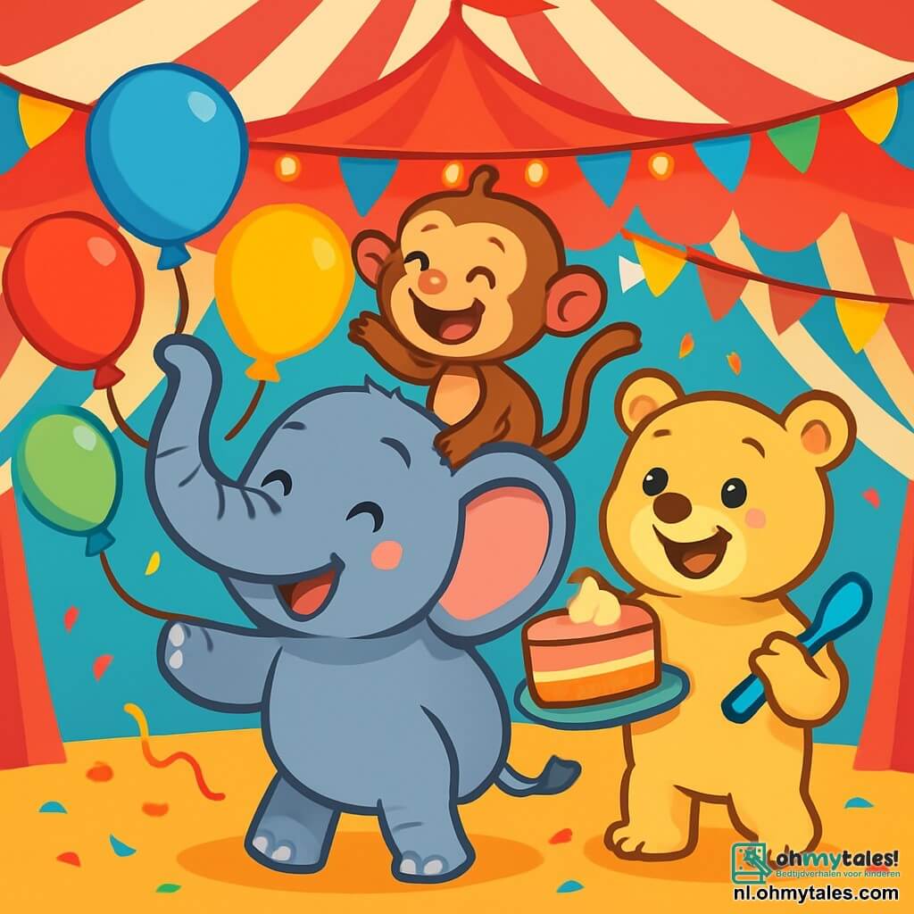 Ollie, een blije olifant met grote oren en een grijze huid, staat in het midden van de scène met zijn trunk omhoog, omringd door kleurrijke ballonnen die om hem heen drijven. Kiki, een ondeugend aapje met bruin vacht en sprankelende ogen, zit op Ollie's rug en lacht luid met room op haar neus. Bella, een zachte beer met een crèmekleurige vacht en een grote glimlach, staat naast hen met een lepel en een stuk taart, haar ogen stralend van opwinding. De scène speelt zich af onder een groot circusdoek, versierd met rode en witte strepen, met fonkelende lichten en kleurrijke vlaggen die boven hen dansen. Op de grond liggen kleurrijke confetti's verspreid, wat bijdraagt aan de feestelijke sfeer. Ollie, Kiki en Bella hebben samen plezier, lachend en spelend in een wervelwind van vreugde, terwijl Ollie probeert de ballonnen niet te laten wegvliegen terwijl hij geniet van wat room van de grote taart.