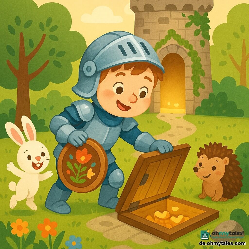 Ein Junge namens Emil, lächelnder mutiger Ritter, trägt eine glänzende silberne Rüstung mit bläulichen Schimmern, einen Helm auf der Schulter und einen rundes Holzschild mit Blumenmuster; er lehnt sich vor, um eine schwere Turmtür zu öffnen. Ein weißes Kaninchen mit großen rosa Ohren und schelmischen Augen springt links neben ihm und blickt auf eine offene Luke. Rechts an einem Felsen sitzt ein brauner Igel mit neugierigen Augen, scheinbar erleichtert. Die Szene spielt auf einer hellen Waldlichtung mit rundblättrigen Bäumen, bunten Blumen an einem moosigen Steinpfad und einem hohen, efeubewachsenen Steinturm im Hintergrund; im Moment der Öffnung offenbart die Tür eine sonnendurchflutete Kammer mit einer alten offenen Luke und einer Truhe voller kleiner goldener Herzen.