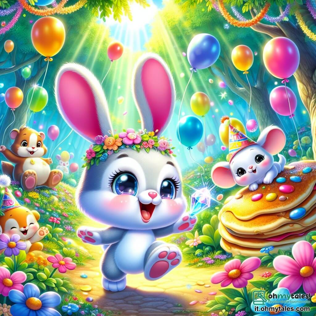 Un adorabile coniglio con grandi orecchie rosa e un naso curioso salta allegramente in una festa colorata, circondato da palloncini e pancake giganti. Il suo viso è illuminato da un grande sorriso, esprimendo eccitazione e gioia. Accanto a lui, un piccolo topo con occhi maliziosi e un cappello buffo danza cantando, il suo volto radioso di felicità. Più in là, una saggia tartaruga dal sguardo dolce e serio osserva la scena da un tronco d'albero con un sorriso divertito. La scena si svolge nel meraviglioso Bosco dei Sogni, dove fiori dai colori vivaci tappezzano il terreno e raggi di sole filtrano tra le foglie degli alberi, creando un'atmosfera magica. In questa situazione, il coniglio usa un cristallo scintillante per far apparire palloncini colorati e animali di carta, provocando risate e danze tra gli amici del bosco, mentre la magia si diffonde in un'esplosione di colori e felicità.