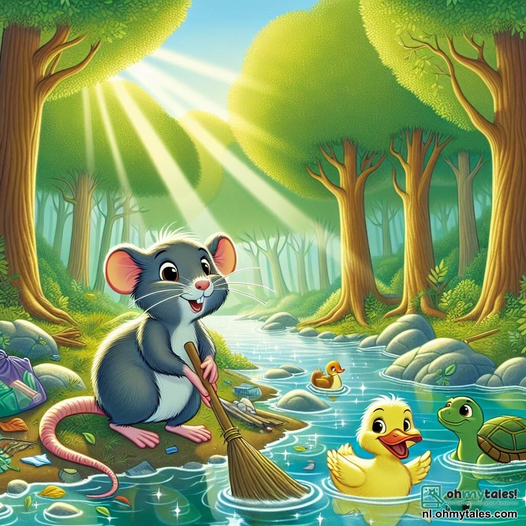 Een rat genaamd Rocco, met een zachte grijze vacht en grote nieuwsgierige ogen, verzamelt afval aan de oever van een mooie en glinsterende rivier. Hij heeft een vastberaden en blije uitdrukking op zijn gezicht. Naast hem zwemt een vrolijke kleine eend, Daan, met stralende gele veren, die Rocco aanmoedigt met een grote glimlach. Verderop kijkt een wijze schildpad genaamd Timo, met een groene schild en sprankelende ogen, trots toe vanaf een rots. De plek is een charmante open plek, omringd door majestueuze bomen, waar het zonlicht door de bladeren filtert en reflecties in het water creëert. De belangrijkste situatie toont Rocco en zijn vrienden in volle actie, die hun krachten bundelen om de rivier schoon te maken, wat de teamgeest en vriendschap illustreert.