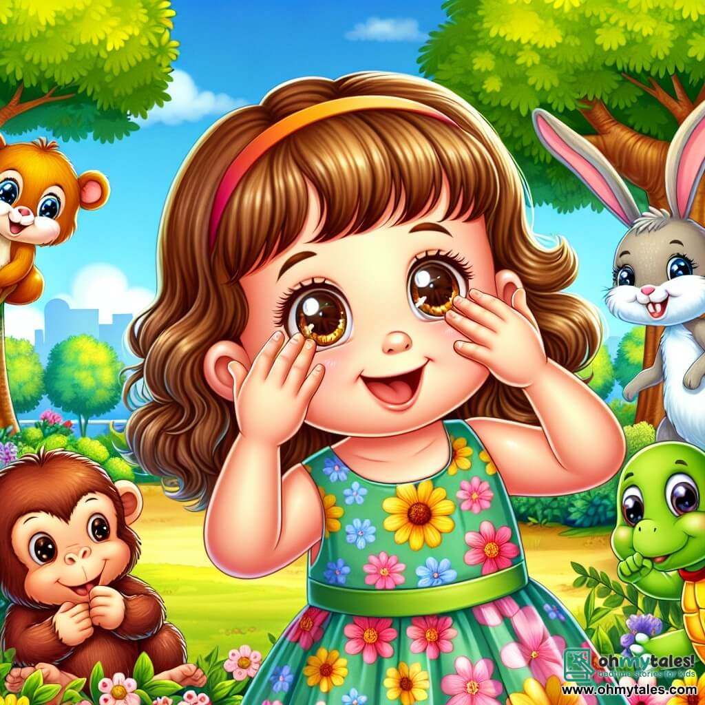 A 2-year-old girl named Lily, with big sparkling eyes and curly hair, joyfully smiles as she plays in a sunny park. She wears a colorful floral dress and is counting with her hands over her eyes, looking focused and excited. Nearby, Max, a funny little monkey with brown fur and mischievous eyes, hides in a bush, chuckling softly. Bella, an adorable white bunny with big ears, is hiding behind a large tree, ready to jump, with a playful expression on her face. Tom, a green turtle with a colorful shell, sits on a rock, munching on a leaf with an amused look. The park is filled with colorful flowers, majestic trees, and a bright blue sky, creating a joyful and welcoming atmosphere. The main scene shows Lily playing hide and seek with her friends, laughing and having fun, while Max, Bella, and Tom hide and eagerly wait to be found.