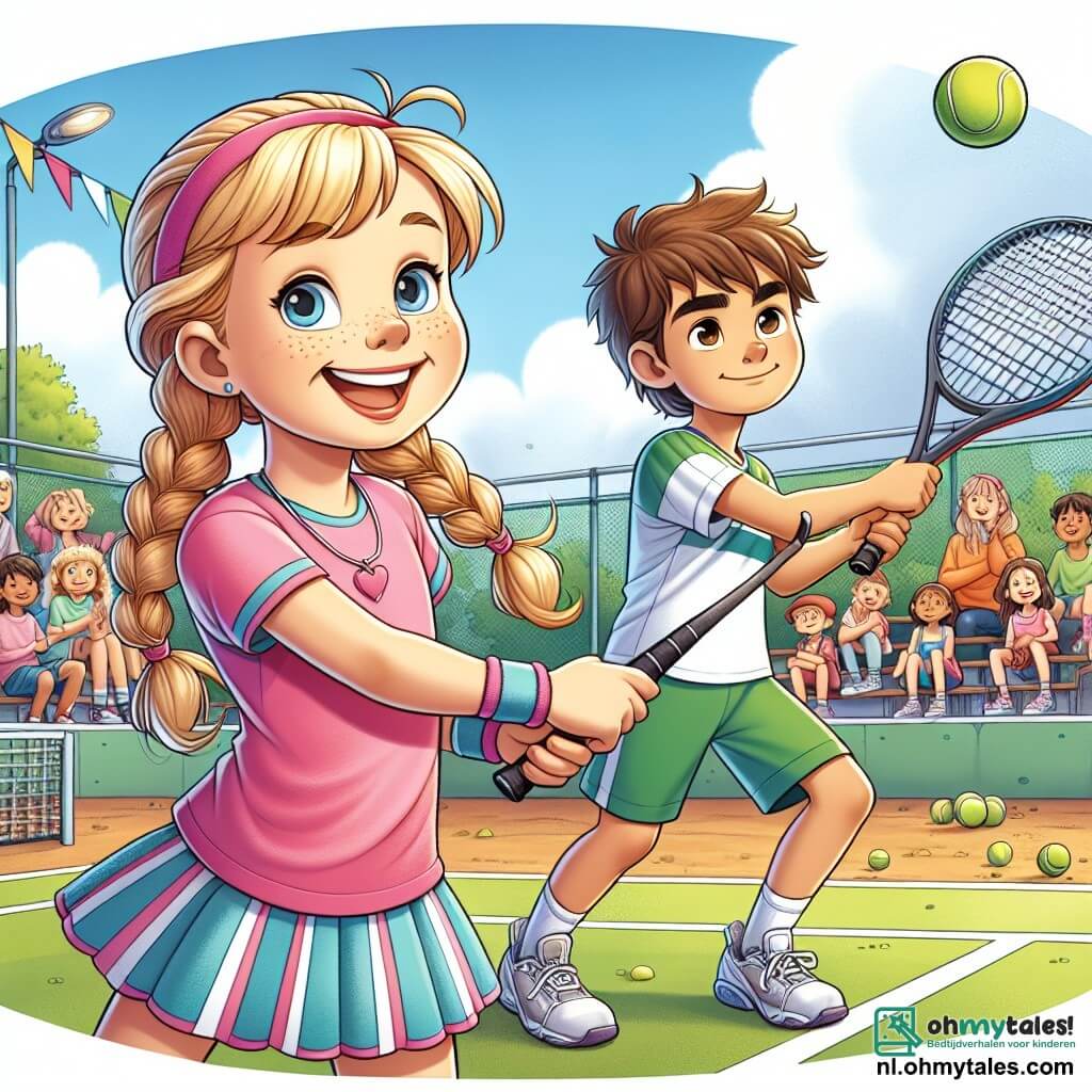 Een 10-jarig meisje, Sanne, staat op een tennisbaan, met blonde vlechten en een grote glimlach op haar gezicht, die haar vastberadenheid en enthousiasme toont. Ze draagt een roze t-shirt en een blauwe sportrok, en houdt een tennisracket in haar rechterhand, klaar om de bal te slaan. Naast haar staat een 11-jarig jongen, Tim, met rommelig bruin haar en een groene sportoutfit. Hij staat iets achteruit, met gekruiste armen, en heeft een geconcentreerde en zelfverzekerde uitstraling, klaar om Sanne te ondersteunen in hun wedstrijd. De tennisbaan is omringd door enthousiaste toeschouwers, met ouders en vrienden die op houten banken zitten, en een stralende blauwe lucht boven hen. Kleurrijke vlaggen wapperen rondom het veld, wat een feestelijke sfeer toevoegt. De hoofdscène toont Sanne en Tim in volle actie, met Sanne die zich voorbereidt om de bal met haar racket te slaan, terwijl Tim zich klaarmaakt om naar het net te rennen, wat de teamgeest en opwinding van de wedstrijd illustreert.