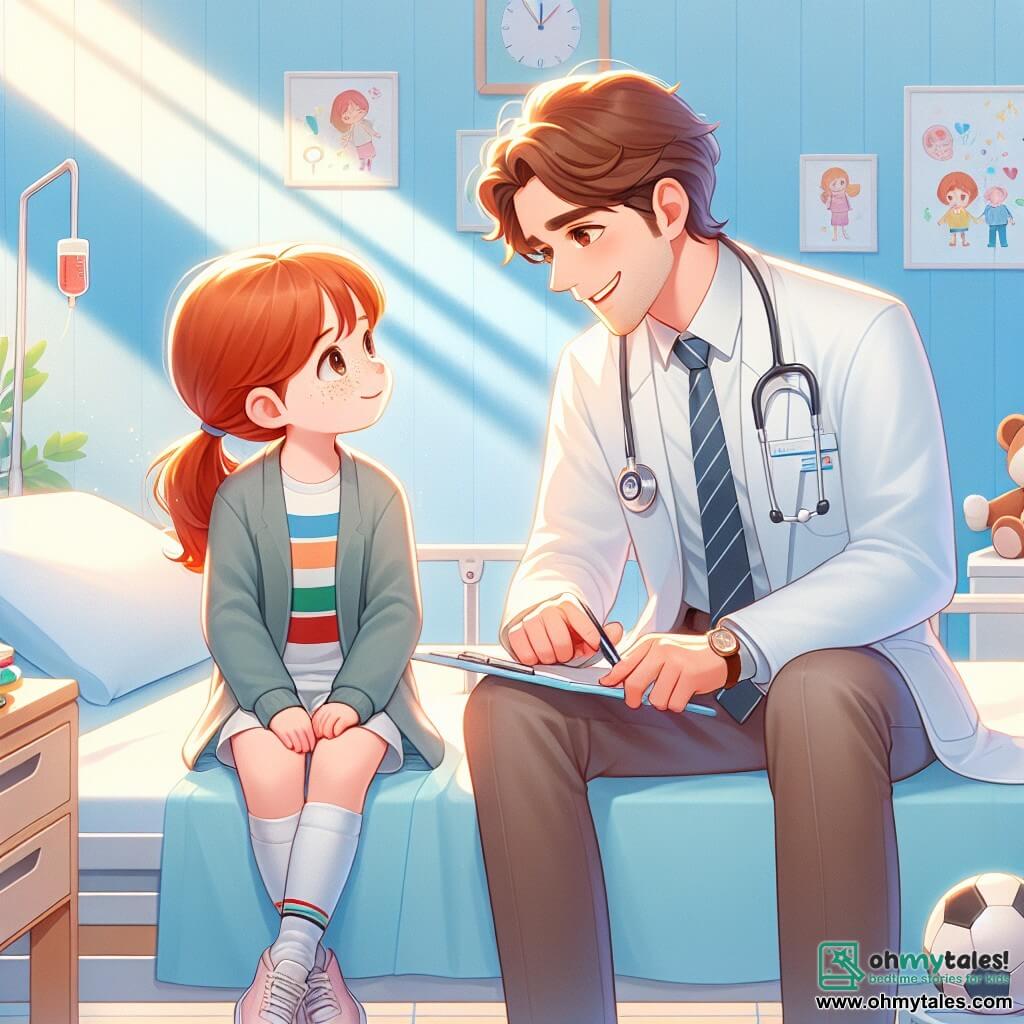 Dr. Jonathan Miles, a warm-smiling male doctor in a white coat with a stethoscope around his neck, has slightly tousled brown hair and kind, sparkling eyes as he leans towards a young girl. Emma, about 12 years old with long red hair and freckles, sits on her hospital bed surrounded by colorful drawings on the walls, looking at the doctor with hope. The bright hospital room features light blue walls, toys scattered on a table, and sunlight streaming through a window, creating a warm and welcoming atmosphere. The main scene shows Dr. Miles explaining Emma's treatment with gentle, reassuring gestures while she holds a soccer book, eager to return to the field with her friends.