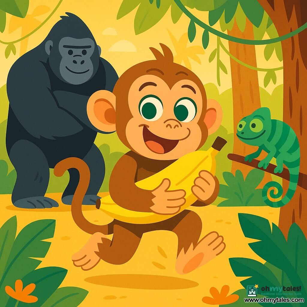 A young mischievous monkey with light brown fur, big round green eyes and a playful grin holds a large bright yellow banana to its chest while hopping; a small smiling green-and-turquoise striped chameleon perches on a branch to the monkey's right, eyes on the banana as if it posed a riddle; a large imposing but kind black-furred gorilla stands slightly hunched in the left background with arms crossed, watching amused; the scene is a bright jungle clearing with large green leaves, hanging vines, textured trunks, orange flowers and golden sunlight—the monkey has just won the banana after solving a riddle, creating a joyful, dynamic atmosphere with vivid colors, simple composition, clear shapes, readable expressions and exaggerated gestures.