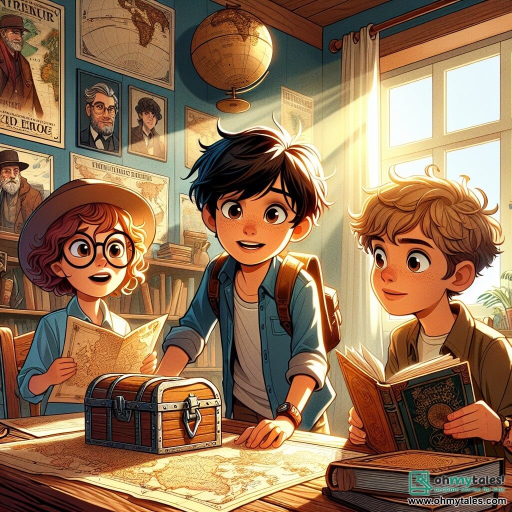 In a small, bright room, three young adventurers gather around a wooden table. Leo, a ten-year-old boy with messy brown hair and sparkling curious eyes, holds an old map, his expression focused. To his right, Emma, a ten-year-old girl with large round glasses and curly hair, flips through an ancient book, her face lit up with the excitement of discovery. On the left, Max, a ten-year-old boy with blonde hair and muscular arms, eagerly watches the chest in the center of the room, ready to open it. The room is decorated with posters of famous explorers and world maps, with a large globe on the shelf. Sunlight filters through the window, illuminating the children's faces and creating an adventurous atmosphere. The three friends are about to uncover hidden treasure in an old chest filled with maps and mysterious objects, symbolizing their quest for adventure and knowledge.
