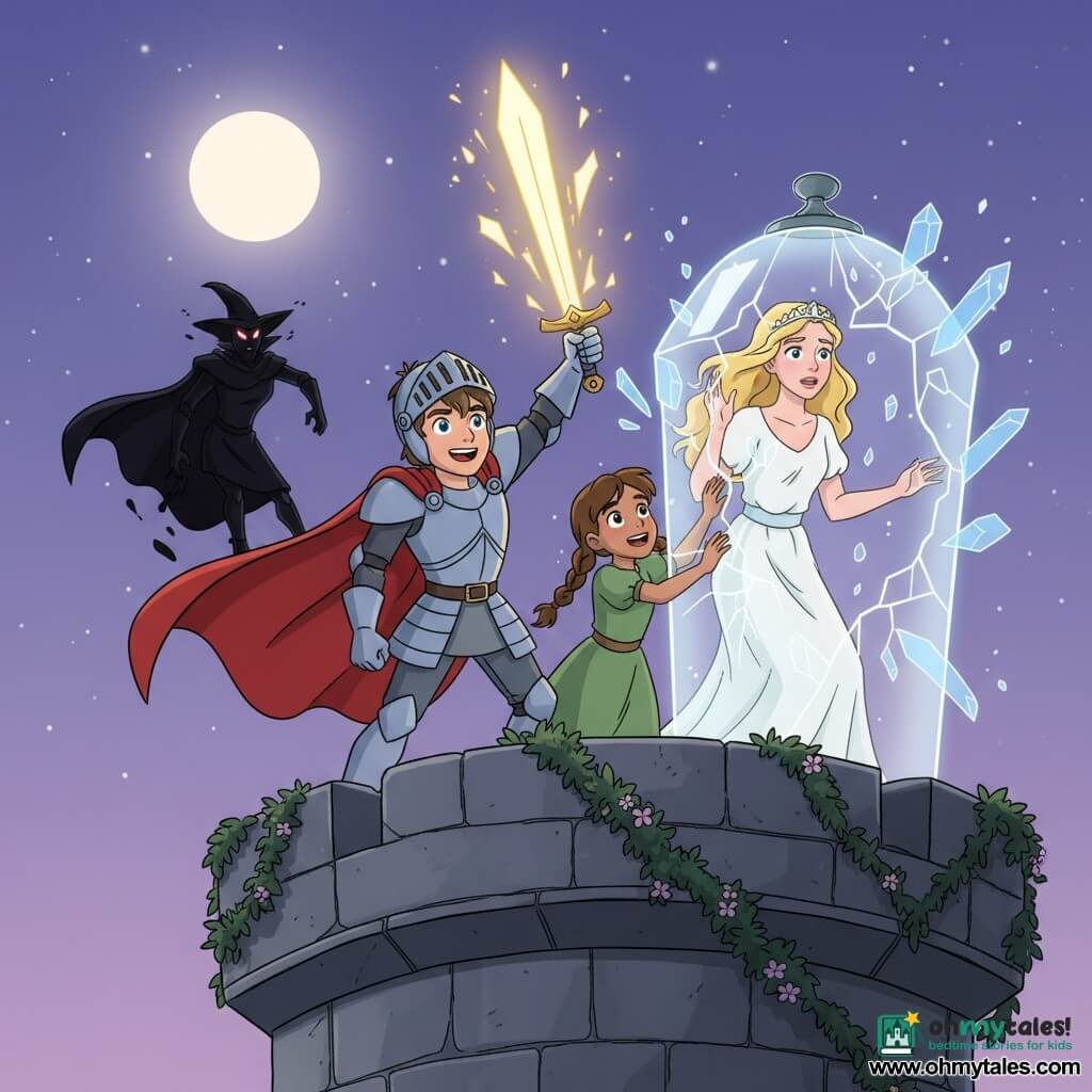 A gleaming silver-armored young knight with a flowing red cape and a determined smile raises a glowing sword that shatters a crystal cage into sparkling shards; to his right, eight-year-old Lily with brown braids and a green dress, eyes wide with joy, places a hand on the crystal to help free Princess Elara, a relieved and awed sixteen-year-old with wavy blonde hair in a light white gown emerging from the cracked cage atop a gray stone tower on Shadow Mountain at violet twilight with a full moon, flowering vines and stardust around the cage; the shadowy witch Morgath, angular and cloaked in black, fades into the background, fleeing the light.