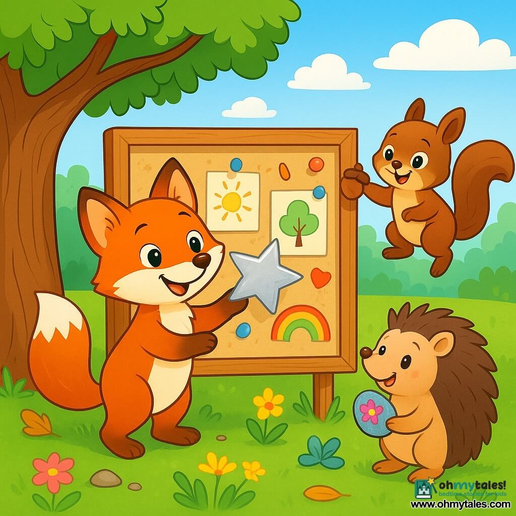 A bright orange fox with soft, shiny eyes stands joyfully near a large oak tree. It proudly smiles while holding a silver paper star that it just glued onto a board filled with colorful drawings and small treasures. Next to it, a brown squirrel with sparkling eyes jumps for joy while holding a small acorn, looking at the fox with admiration. A hedgehog, with soft spines and a warm smile, stands a bit back, nodding in approval while holding a small painted stone in its paws. The scene takes place in a sunny park filled with vibrant flowers and lush greenery, under a blue sky dotted with fluffy white clouds. In the center, the colorful board is hung on the tree, surrounded by small pebbles and golden leaves. The main situation shows the fox and its friends celebrating their friendship by adding personal items to the board, each expressing joy and creativity in an atmosphere of sharing and happiness.