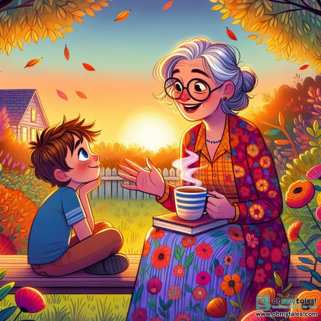 A teacher, a middle-aged woman with silver hair and round glasses, smiles warmly while sitting on a wooden bench in her garden. She wears a brightly colored floral dress and holds a steaming cup of tea, her gaze sparkling with nostalgia and kindness. Next to her, a ten-year-old boy, Sammy, with messy brown hair and a blue t-shirt, listens attentively, his eyes shining with admiration and curiosity. The garden is filled with colorful flowers, and trees with golden leaves gently shed, creating a warm and welcoming atmosphere. In the background, the sky is tinted with orange and pink hues, signaling sunset. The main scene shows the teacher sharing captivating stories from her teaching career, while Sammy, seated beside her, is enthralled by her tales, illustrating the magic of learning and the connection between a teacher and a student.