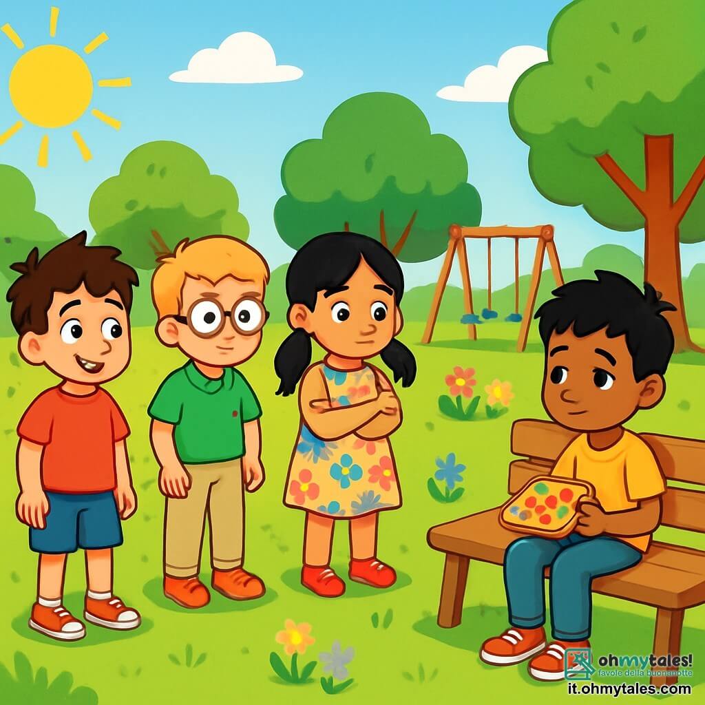 Ci sono 4 bambini: - Luca: un ragazzo di 9 anni, con i capelli castani disordinati e occhi vivaci. Indossa una maglietta rossa e pantaloni blu. È a sinistra, sorridente e guarda Amir con curiosità. - Filippo: un ragazzo di 9 anni, con i capelli biondi e occhiali tondi. Indossa un polo verde e pantaloni beige. Si trova al centro, un po' in disparte, con un'espressione di esitazione sul volto. - Sara: una ragazza di 8 anni, con i capelli lunghi e neri raccolti in due trecce. Indossa un vestito a fiori colorati. È a destra di Luca, con le braccia incrociate, osserva Amir con interesse. - Miriam: una ragazza di 8 anni, con i capelli castani e trecce. Indossa una maglietta viola e jeans. È a destra di Filippo, sorridente e pronta ad avvicinarsi ad Amir. Il luogo è un parco soleggiato, con grandi alberi verdi, fiori colorati e un'area giochi in legno. Sullo sfondo si vedono uno scivolo e delle altalene. I bambini giocano sull'erba ben curata, circondati da risate e gioia. La situazione principale mostra i quattro amici esitanti ad avvicinarsi ad Amir, che è seduto da solo su una panchina, tenendo in mano una focaccia colorata. Si scambiano sguardi, chiedendosi come invitarlo a giocare con loro, mentre sentono il calore del sole sui loro volti.