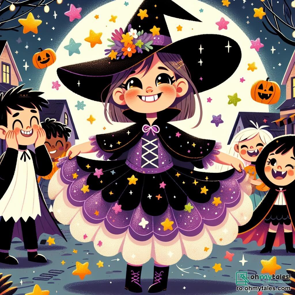 O fetiță de 4 ani, Lia, stă în centrul imaginii, purtând un costum de vrăjitoare negru și violet, cu o mare pelerină strălucitoare și o pălărie ascuțită. Are ochi mari strălucitori de curiozitate și un zâmbet radiant, în timp ce își învârte pelerina, înconjurată de stele colorate care plutesc în jurul ei. La dreapta ei, un băiat de 5 ani, îmbrăcat în vampir, o privește pe Lia cu uimire, cu brațele încrucișate pe piept. La stânga ei, o fetiță de 4 ani, îmbrăcată în fantomă, râde vesel în timp ce arată cu degetul spre stelele care ies din pălăria Liei. Scena se desfășoară într-un cartier animat, unde casele sunt decorate cu dovleci zâmbitori și pânze de păianjen. Cerul este plin de stele și o lumina blândă a lunii luminează calea, în timp ce frunzele de toamnă dansează în vânt. Lia, plină de magie și bucurie, le arată prietenilor săi stelele care ies din pălăria ei, creând o atmosferă festivă și încântătoare, unde prietenia și uimirea se împletesc cu spiritul de Halloween.