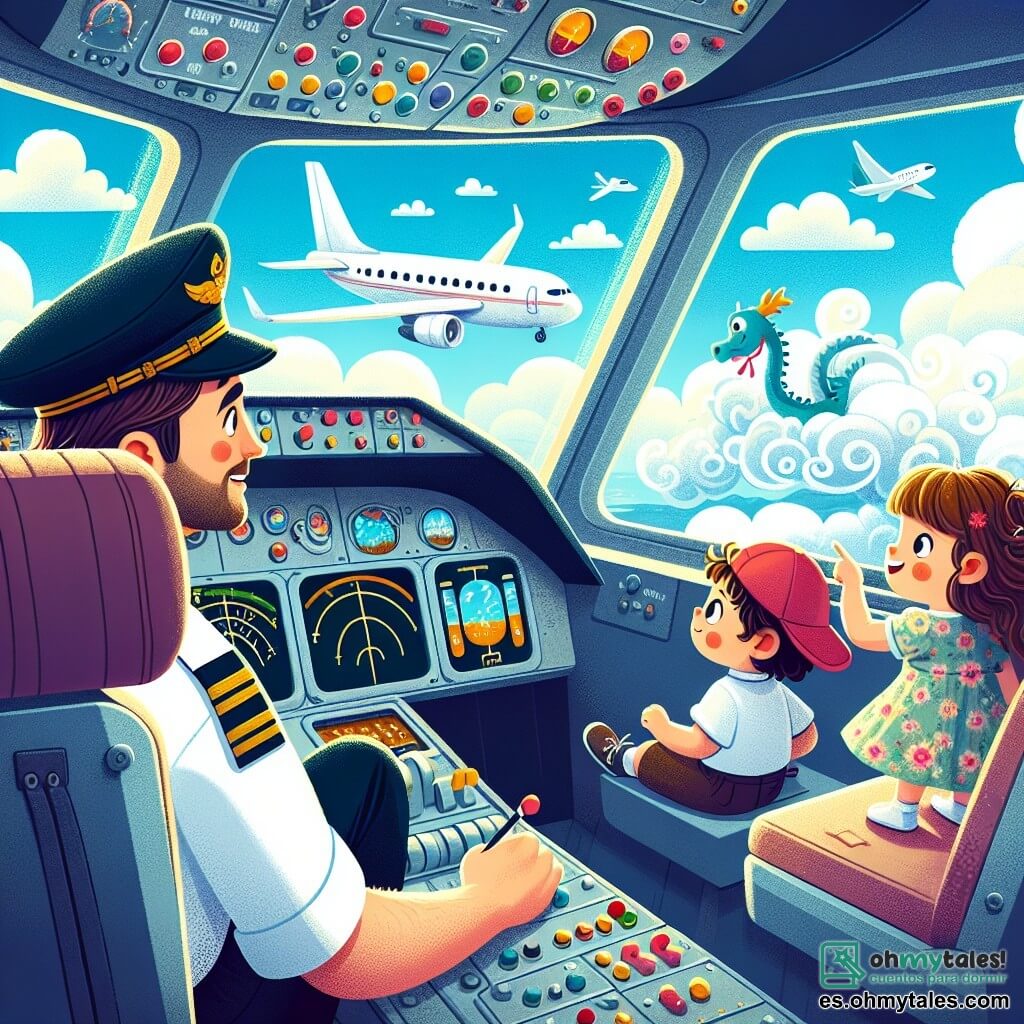 Un hombre piloto, Don Pedro, está en la cabina de su gran avión blanco, sonriendo con entusiasmo. Tiene cabello castaño, lleva un uniforme de piloto con gorra y gafas de sol, y mira maravillado por la ventana, observando las nubes esponjosas debajo de él. A su lado, tres niños curiosos: Ana, una niña de 8 años con cabello largo y rizado, que mira con ojos muy abiertos, y Lucas, un niño de 7 años con una gorra roja, que señala una nube en forma de dragón. Sofía, una niña de 6 años con un vestido de flores, está sentada cerca de la ventana, sonriendo alegremente mientras sostiene un pequeño juguete de avión. El lugar es una cabina de avión moderna, llena de botones coloridos e instrumentos brillantes, con grandes ventanas que ofrecen una vista espectacular de un cielo azul salpicado de nubes blancas. La situación principal muestra a Don Pedro y los niños en pleno vuelo, descubriendo juntos la magia de volar en los cielos, con expresiones de alegría y asombro en sus rostros.