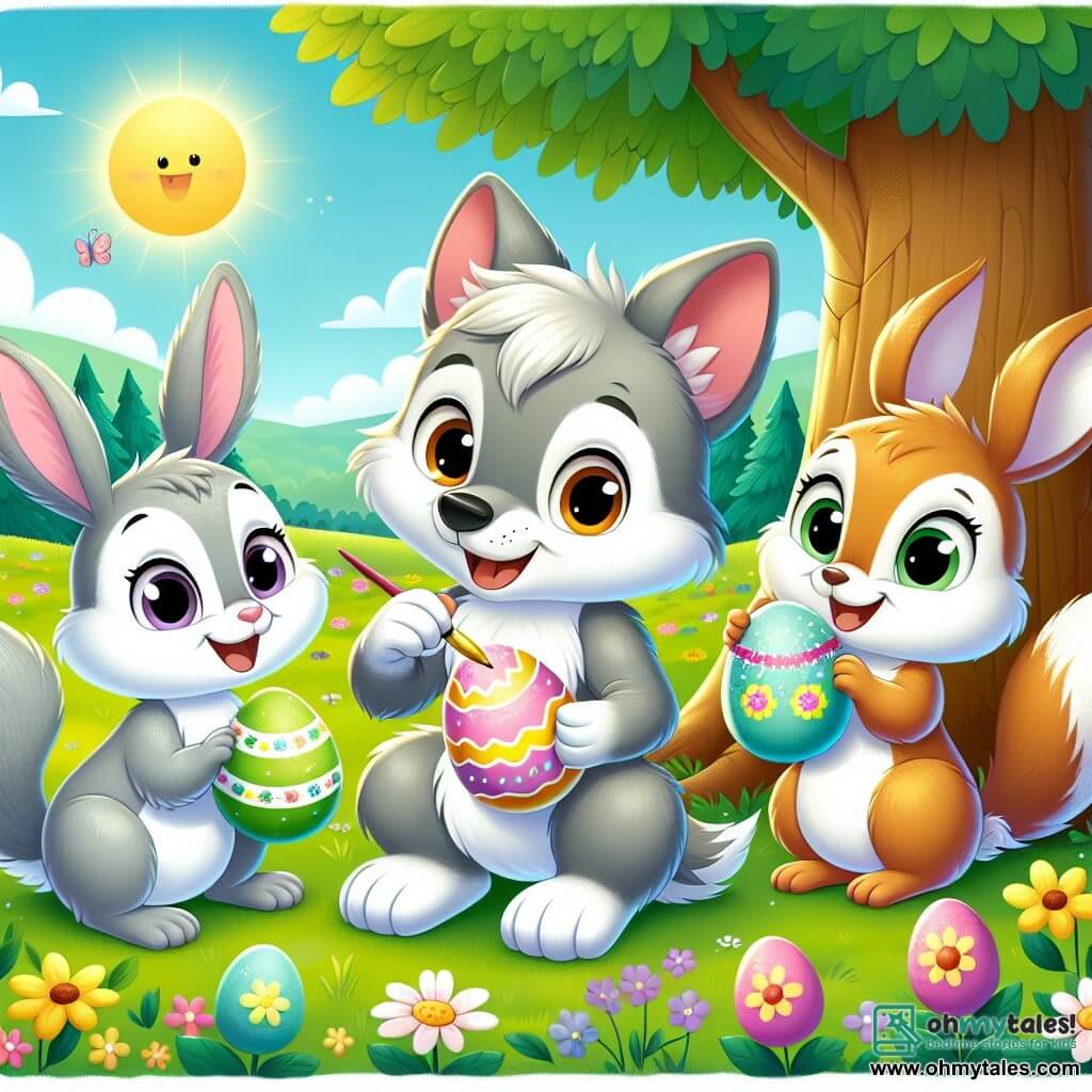 A little wolf named Wally, with soft gray fur and sparkling joyful eyes, is sitting under a large tree in a sunny meadow, painting colorful Easter eggs with a brush. Next to him, a small rabbit named Benny, with brown fur and big ears, smiles while holding a decorated egg with a smiling face, while a squirrel named Lily, with red fur and a bushy tail, bursts out laughing as she sprinkles glitter on her shiny egg. The setting is a lush meadow dotted with bright flowers, bathed in golden sunlight, with a clear blue sky in the background. The main scene shows Wally and his friends joyfully painting Easter eggs, surrounded by laughter and creativity, ready to share their creations with the world.