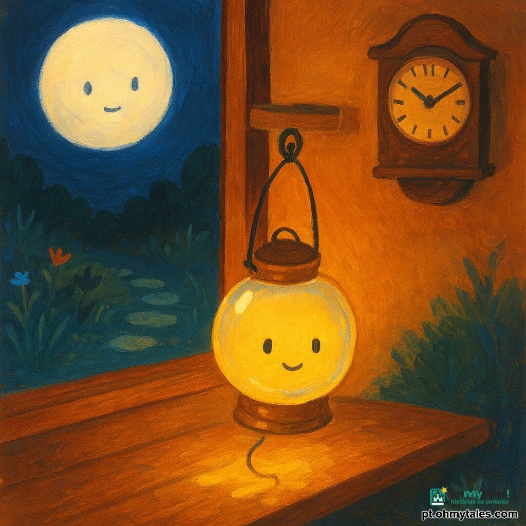 Uma pequena lanterna de vidro redonda e brilhante, personagem principal, emite uma luz suave e tímida enquanto desce de uma prateleira de madeira, seus reflexos criando manchas amarelas e douradas no chão; tem um rosto simples pintado à mão, olhos curiosos e sorriso discreto, e uma pequena mão de metal segura a corda. A lua, disco grande e leitosa, personagem secundário, observa calma e benevolente pela janela com reflexos azul-pálidos; um velho relógio de madeira com ponteiros negros e um tique-taque visível permanece paciente na parede próxima. O jardim noturno, com ervas em pinceladas verdes e azuis, algumas flores estilizadas, pedras redondas brilhantes e uma sebe suave, banha a cena em claro-escuro quente. A lanterna desce cautelosamente e está prestes a sair pela janela aberta para o jardim, a cena capturada quando sua luz ilumina um pequeno canto escuro, em uma atmosfera serena e curiosa.