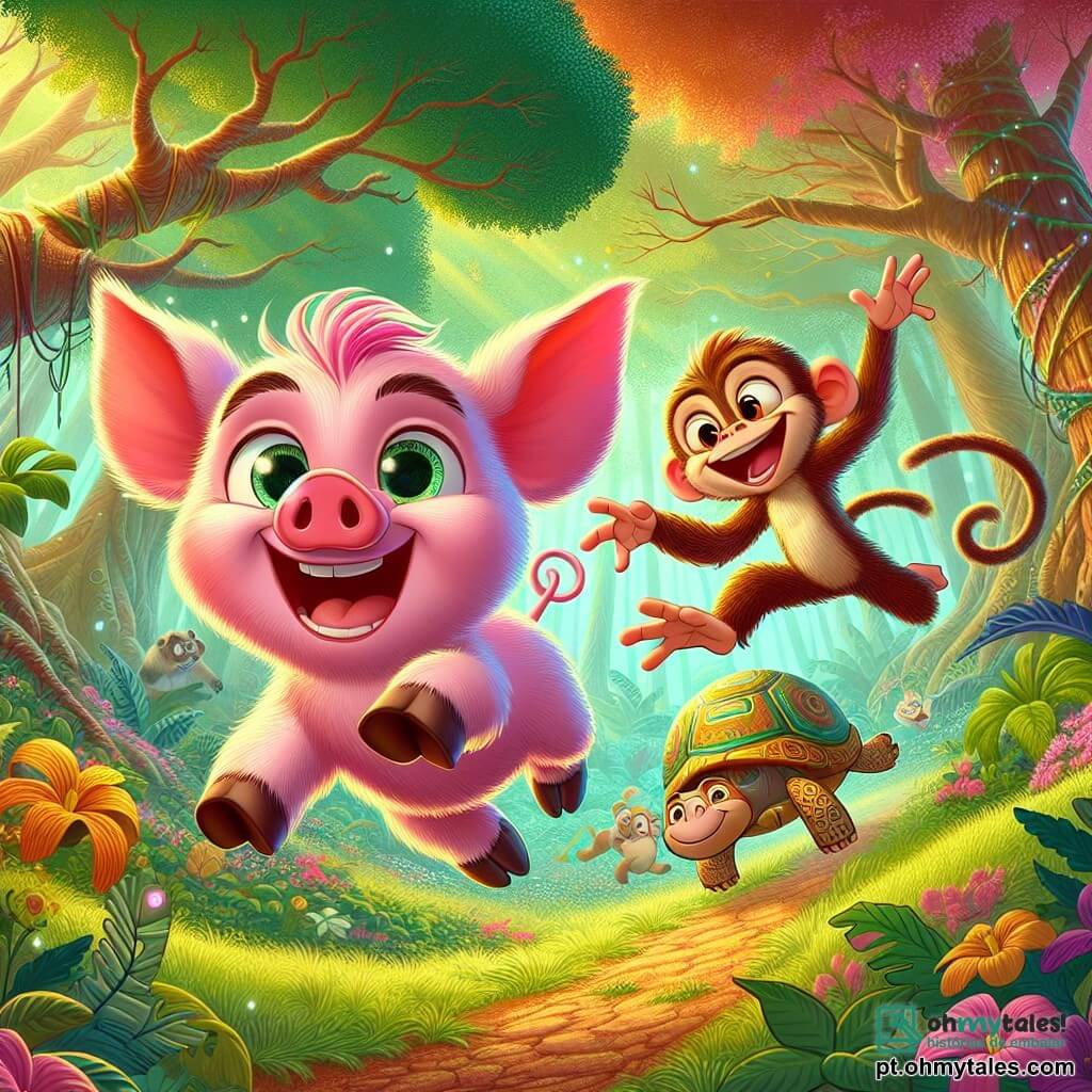Um porquinho alegre chamado Pipo, com pelagem rosa brilhante e olhos brilhantes de travessura, corre entusiasticamente por uma floresta encantada, suas patinhas levantando-se na grama verde. Ao seu lado, um macaco travesso chamado Tico, com pelagem marrom e uma cauda longa e ágil, faz acrobacias pulando de galho em galho, rindo à toa. Mais adiante, uma tartaruga chamada Tula, com uma carapaça colorida e um olhar determinado, avança devagar, mas firme, pelo caminho, incentivando seus amigos a continuar. A floresta é cheia de árvores majestosas com folhas brilhantes, flores coloridas e uma suave luz dourada filtrando pelas ramas. A cena retrata o momento em que Pipo e Tico se lançam em uma corrida maluca em direção a um delicioso bolo de frutas, cercados de risadas e excitação, ilustrando o espírito de aventura e amizade.