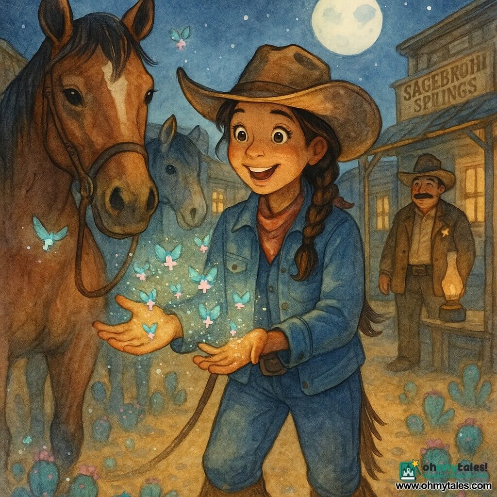 A young cowgirl of about 20, joyful and amazed, bright eyes, braided brown hair under a leather hat, denim jacket and fringe boots, holding her horse's reins with one hand and presenting small glowing beings with the other; the bay horse Star, calm with ears pricked, stands to her left; Sheriff Buck, about 50 with a thick mustache, brown jacket and hat, smiling and slightly surprised, stands in the background right near an oil lamp; several small cactus sprites like pixelated miniature butterflies with shimmering blue-green wings and pale pink luminous bodies fly around leaving light trails; Sagebrush Springs village square at night with ochre dusty ground, weathered wooden facades, hanging lanterns, a clear full moon and indigo starry sky; foreground carpet of small glowing blue and pink cacti casting soft light on faces; central scene conveys warm, gentle magic and collective wonder in pastel watercolor with fine lines and visible paper texture.