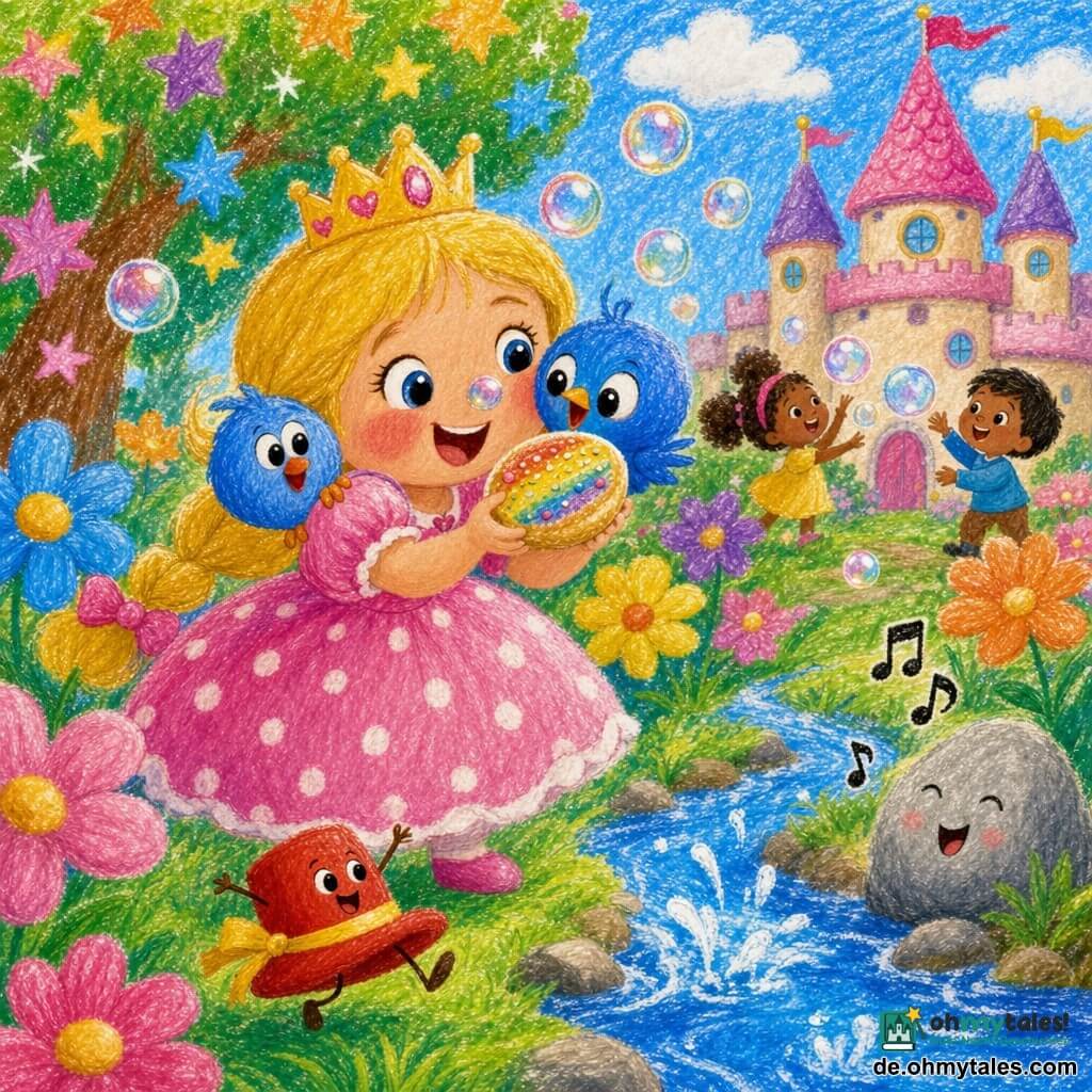 Eine fröhliche, lächelnde Prinzessin mit großen runden Augen, blonden Zöpfen und rosa Kleid mit weißen Punkten teilt mit beiden Händen einen großen Regenbogenkeks, auf ihrer rechten Schulter sitzt Flock, ein rundes blaues Vögelchen mit aufgeplusterten Flügeln, ein winziger roter Hut mit gelbem Band springt und rollt vergnügt vor ihr, ein hellgrauer lächelnder Kiesel mit kleinen Augen liegt am Ufer eines hellblauen Bachs und scheint zu singen; im Hintergrund ein kleines Schloss mit runden Türmen und Fenstern, ein Garten mit riesigen bunten Blumen und funkelnden Bäumen mit sternförmigen Blättern, um die Szene schweben glänzende Blasen, die die Nasen kitzeln, Atmosphäre lustig, farbenfroh und zärtlich, einfacher Buntstiftstrich, gesättigte Farben, weiche Konturen, körnige Bleistifttextur, klare fröhliche Komposition für Kleinkinder.