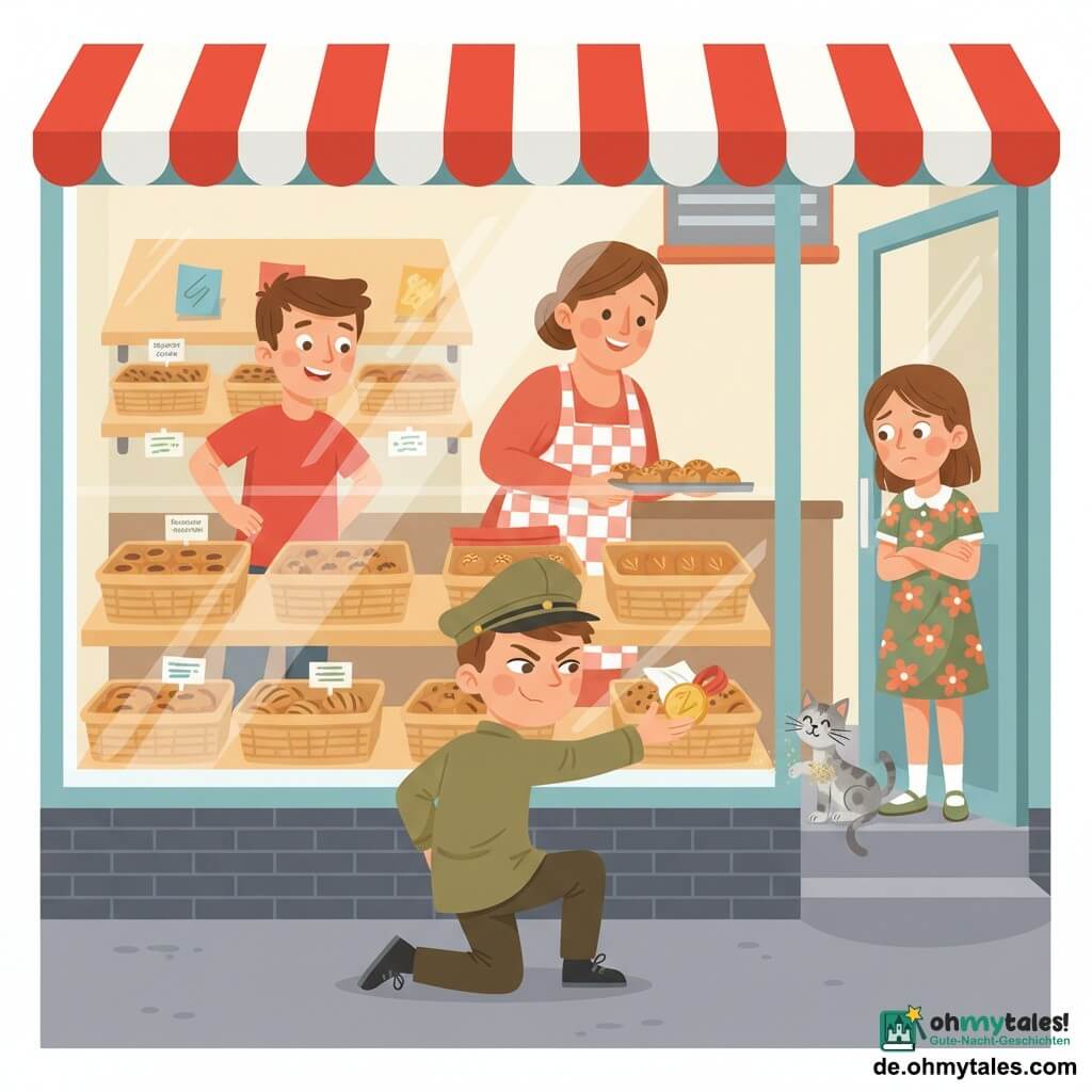 Max, etwa 10 Jahre, kniet vor der sauberen Schaufensterscheibe einer Bäckerei und streckt die Hand nach einer halb versteckten goldenen Medaille aus; Jonas, ebenfalls etwa 10, rotes T‑Shirt, Hände in die Hüften, steht leicht links hinter Max und schaut zur Medaille; Anna, ca. 11, schüchtern und erleichtert in einem geblümten Kleid, steht rechts bei der Tür; Frau Funkel, etwa 50, mit warmem Lächeln und karierter Schürze, lehnt sich von innen mit einem Tablett Brötchen zur Vitrine; die kleine getigerte Katze Minka hat eine Pfote auf dem Fensterbrett mit etwas goldenen Glitzer; helle Holzregale, Korb mit Rosinenbrötchen, bunte Preisplakate und rot‑weiß gestreifter Vorhang, sanftes Morgenlicht und Reflexe auf der Scheibe, Bildkomposition zentriert auf Max’ Hand beim Erfassen der Medaille, Atmosphäre eines kleinen gelösten Geheimnisses.