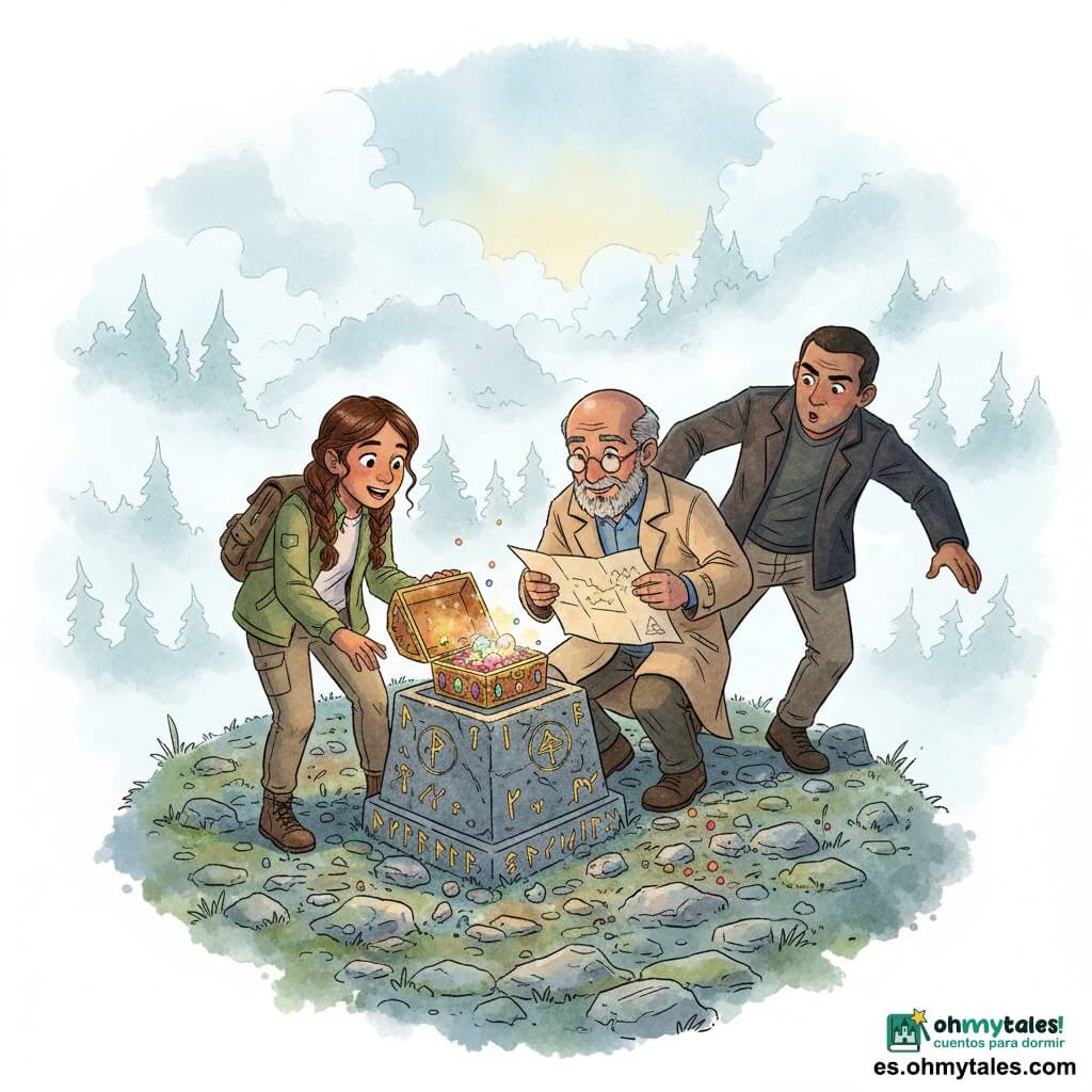 Una joven, Sofía, mira con asombro y alegría una pequeña caja dorada en un pedestal de piedra con runas; tiene el rostro iluminado, cabello castaño trenzado, chaqueta kaki y mochila, mano sobre el pedestal. El Dr. Alberto, ~60 años, con gafas redondas y abrigo beige, está agachado junto al pedestal sosteniendo un mapa antiguo y sonriendo suavemente. Marco, unos 35 años, llega jadeando por la derecha, con abrigo oscuro, expresión contrariada pero sorprendida y brazo extendido como para reclamar la caja. Lugar: cima de la Montaña Nublada, claro circular de piedras musgosas, niebla blanca y azul pálido, árboles lejanos. El pedestal muestra un compartimento abierto con una caja adornada de gemas que brillan con reflejos cálidos contra la bruma fría. Ambiente crepuscular, luz suave filtrada por la niebla, mezcla de asombro y ligera tensión.