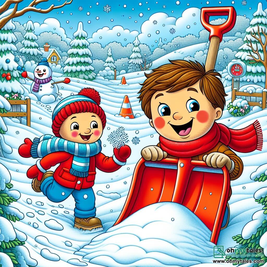 Flurry, a bright red shovel with a long wooden handle, is at the center of the image, displaying a joyful and enthusiastic expression as it digs into the fresh snow. Its contours are well-defined, and its scoop is filled with sparkling snowflakes. Next to it is Sam, a young boy with brown hair and rosy cheeks from the cold, dressed in a bright blue coat and a striped scarf. He is laughing heartily, throwing snowballs while looking at Flurry with admiration. The setting is an enchanting winter garden, with majestic snow-covered trees, snowflakes gently falling from the light blue sky, and a well-cleared path leading to a snow fort they just built. The scene shows Flurry and Sam creating paths in the snow, filled with joy and adventure, capturing the playful spirit of winter.