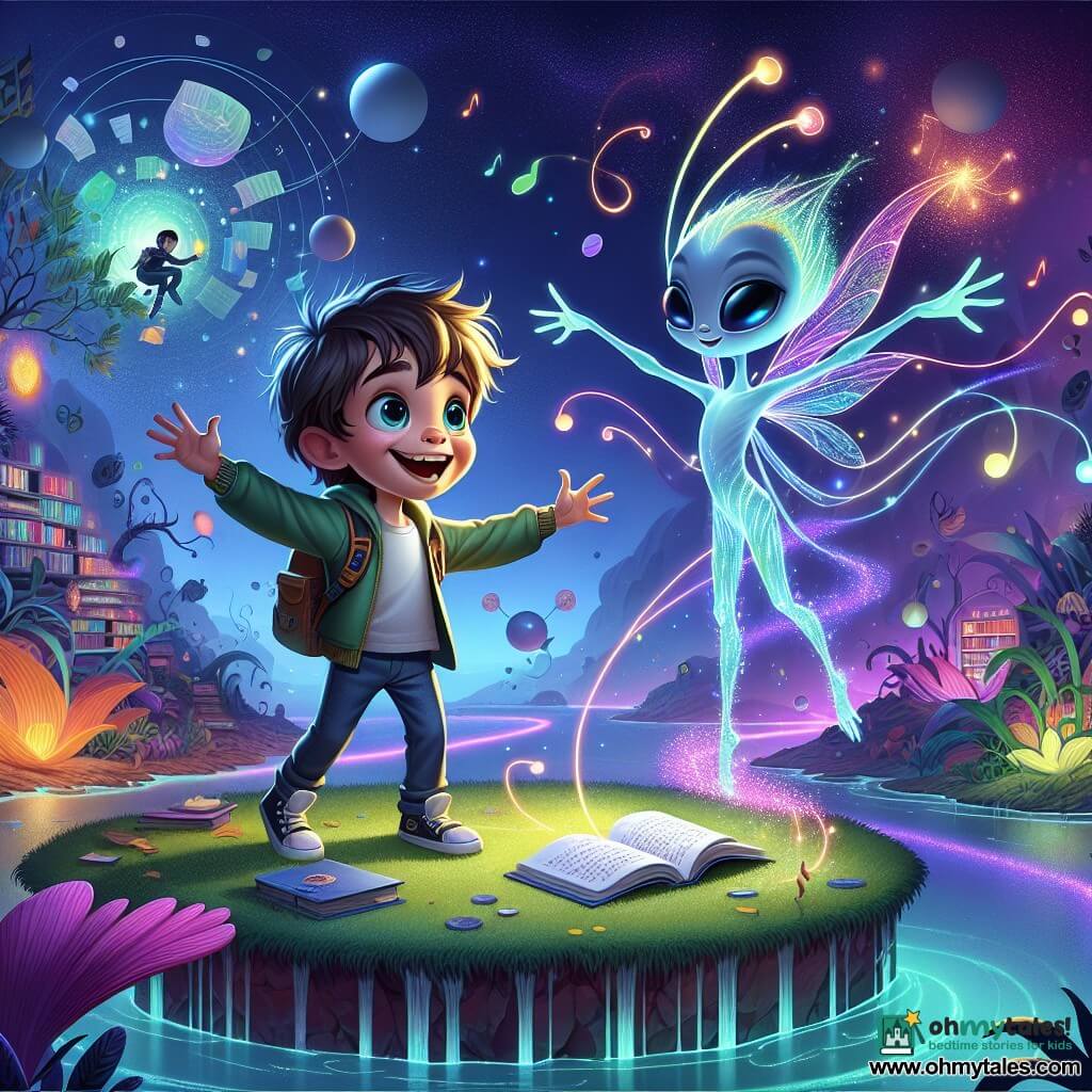 A 12-year-old boy, Max, with tousled hair and sparkling curious eyes, stands on a small floating island, smiling with open arms as if welcoming the world. Next to him, Ori, an alien child with shimmering tendrils and iridescent skin, dances joyfully, his large bright eyes expressing excitement. In the background, a library of glowing pages floats in the air, surrounded by colorful plants vibrating to a soft melody. The scene takes place on Nebulon Five, a planet of floating islands bathed in purple and green light, with rivers of light winding between the islets. Max and Ori are celebrating the discovery of lost memories, surrounded by a festive atmosphere where bursts of light and musical notes dance around them, creating a magical and joyful ambiance.