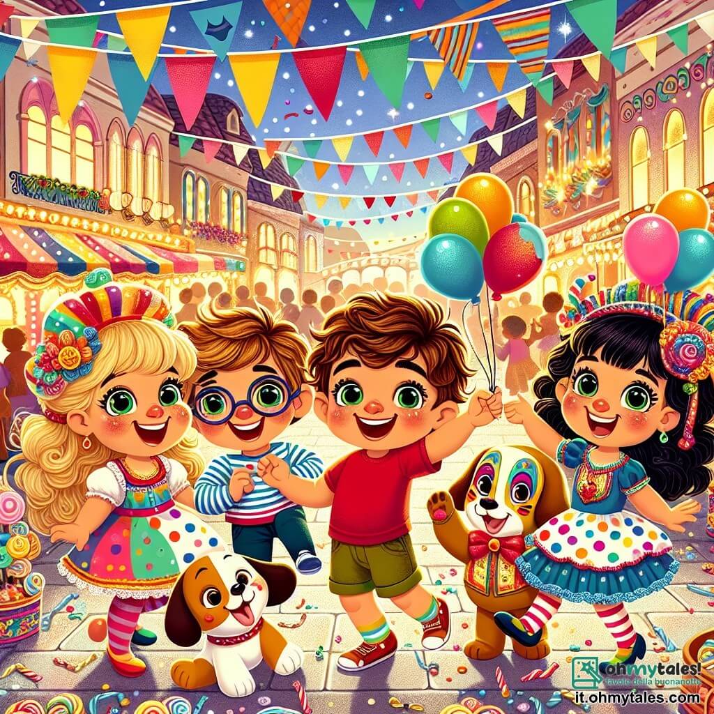 In una gioiosa scena di carnevale, quattro bambini si trovano al centro della grande piazza colorata di Colorella. Rocco, un ragazzo di 8 anni con i capelli castani arruffati e una maglietta rossa, balla con entusiasmo, con un grande sorriso sul volto. Alla sua destra, Emma, una ragazza di 7 anni con capelli biondi e ricci, indossa un vestito a pois multicolori e tiene un palloncino a forma di cane. Leo, un ragazzo di 6 anni con occhiali e capelli castani, salta di gioia, vestito con un costume da clown e un naso rosso. Infine, Sofia, una ragazza di 7 anni con lunghe trecce nere, indossa una maschera di carnevale brillante e tiene un cesto pieno di caramelle colorate. La piazza è animata, decorata con festoni colorati e luci scintillanti, con stand di dolci e artisti di strada che si muovono sullo sfondo. I coriandoli volano nell'aria, aggiungendo un tocco magico all'atmosfera festiva. I bambini stanno celebrando la loro vittoria dopo aver trovato il tesoro nascosto del carnevale, circondati da risate e musica, pronti a condividere la loro felicità con gli altri partecipanti alla festa.