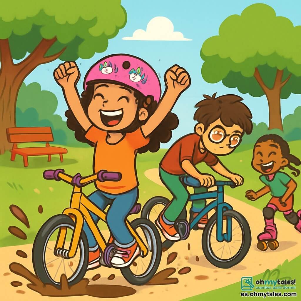 Una niña de 12 años, con cabello rizado y una gran sonrisa, lleva un casco rosa decorado con pegatinas de unicornios. Está pedaleando con entusiasmo en su bicicleta, con los brazos levantados en señal de victoria y los ojos brillantes de alegría. Junto a ella, un niño de 15 años, con gafas y cabello desordenado, está en una bicicleta brillante, concentrado en no caer en un pequeño agujero. Una niña de 13 años, con trenzas y una mirada traviesa, está en unos patines, riendo mientras intenta alcanzarlos. El escenario es un parque verde, con árboles frondosos, un camino de tierra y un banco rojo bajo un gran roble. La situación principal muestra la carrera desenfrenada de los niños, llena de risas y camaradería, con salpicaduras de barro y hojas volando a su alrededor, creando una atmósfera alegre y dinámica.