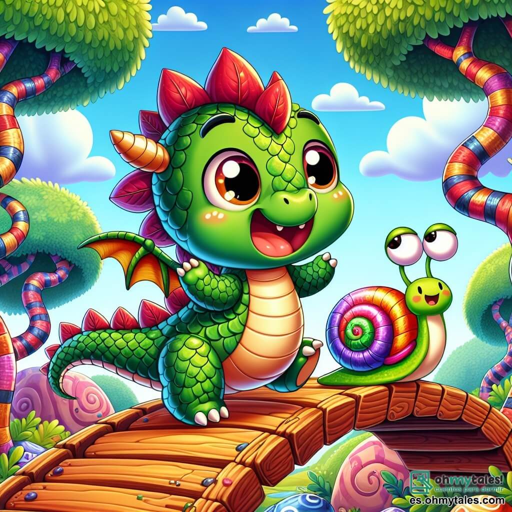 Un pequeño dragón redondo llamado Pompón, con escamas verdes brillantes y alas en forma de hojas, está de pie sobre un puente de madera saltando alegremente. Tiene una gran sonrisa divertida y unos ojos chispeantes de curiosidad. A su lado, un caracol llamado Don Tico-tico, con una concha espiralada colorida y antenas temblorosas, mira al dragón con una expresión alegre y alentadora. Al fondo, un bosque de árboles torcidos con troncos multicolores y piedras cantoras añaden un toque mágico al paisaje. La escena muestra a Pompón y Don Tico-tico riendo mientras intentan cruzar el puente que se balancea, creando una atmósfera lúdica y llena de aventura.
