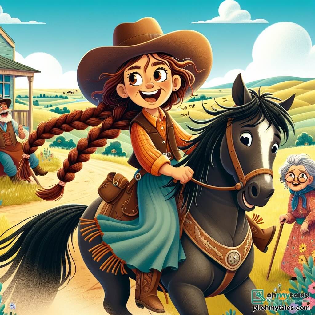 Lila, młoda cow-girl z długimi, splecionymi brązowymi włosami, nosi kapelusz kowbojski i skórzaną kamizelkę. Ma zdeterminowany i radosny wyraz twarzy, tańcząc z entuzjazmem na zakurzonej ziemi, obok niej stoi jej czarny koń, Błyskawica, zbierając energię. Greta, starsza kobieta z siwymi włosami i błyszczącymi oczami, stoi w tle, dumnie się uśmiechając i trzymając kij do chodzenia. Ma na sobie kolorową sukienkę i chustkę, z podziwem obserwując Lilę. Tło to rozległa, słoneczna łąka z falistymi wzgórzami na horyzoncie, kolorowymi dzikimi kwiatami i jasnoniebieskim niebem z białymi chmurami. Scena pokazuje Lilę tańczącą radośnie, aby rozbawić grupę przejeżdżających złodziei, którzy śmieją się i są zaskoczeni jej odwagą, podczas gdy Błyskawica, jej wierny koń, wydaje się gotowy towarzyszyć jej w tej przygodzie.