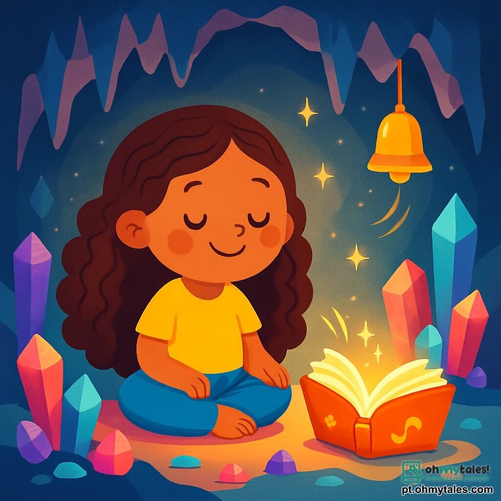 Uma menina chamada Luzinha, com longos cabelos cacheados e um sorriso suave, está sentada de pernas cruzadas no chão de uma caverna de cristal. Ela tem olhos brilhantes de curiosidade e respira calmamente, cercada por uma luz suave e cintilante que se reflete nas paredes. Ao seu lado, um livro mágico com páginas brilhantes se abre sozinho, emitindo um brilho reconfortante. A caverna está cheia de cristais brilhantes, que projetam reflexos coloridos no chão. Estalactites e estalagmites adicionam um toque de magia a este lugar tranquilo. Luzinha se concentra na respiração, inspirando e expirando lentamente, enquanto um suave som de sino ressoa no ar, criando uma atmosfera zen e serena.