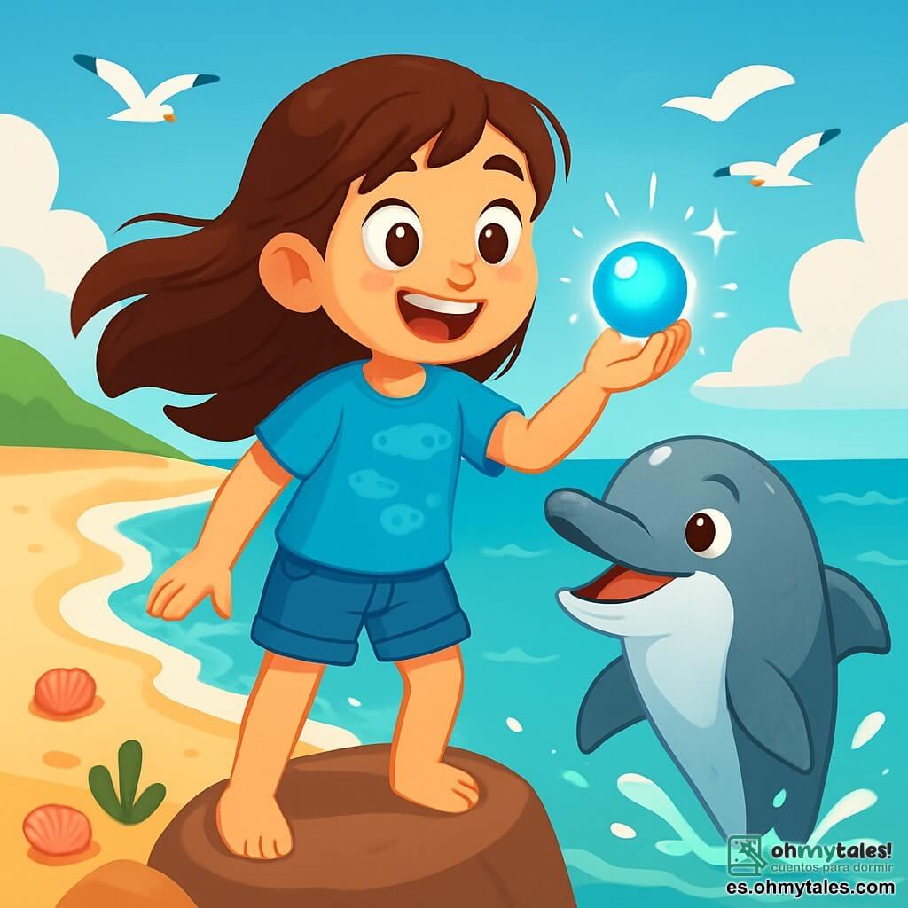 Una niña de 10 años, llamada Marina, está de pie sobre una roca al borde del mar, con los ojos abiertos de asombro y una sonrisa radiante en su rostro. Tiene el cabello largo y castaño que ondea suavemente con el viento, y lleva una camiseta azul con motivos de peces y un pantalón corto de mezclilla. En su mano sostiene una perla azul brillante que emite un suave resplandor. A su lado, un delfín llamado Finn, con piel gris brillante y ojos chispeantes, nada alegremente en el agua clara, listo para acompañarla en su aventura. El escenario es una playa soleada con suaves olas que rompen en la arena dorada. La situación principal muestra a Marina, asombrada, lista para sumergirse en el océano y descubrir las maravillas submarinas, con Finn a su lado, invitándola a la aventura.