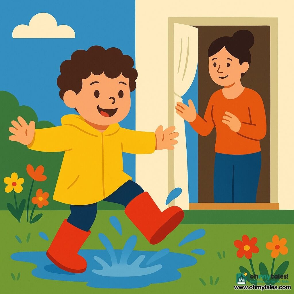 A 4-year-old boy with curly brown hair, round cheeks and bright laughing eyes, wearing shiny oversized red boots and a yellow raincoat, proudly jumping into a puddle with visible splashes; his mother (about 30) with her hair in a bun and a tender smile stands in the doorway behind him, hand raised as if applauding, white door and light curtain in the background; small front garden with wet green lawn, colorful flowers at the edge, painted wooden front door and green doormat, pale blue sky with a few white clouds; joyful, triumphant moment after he put on the boots, confident pose and warm, luminous atmosphere.