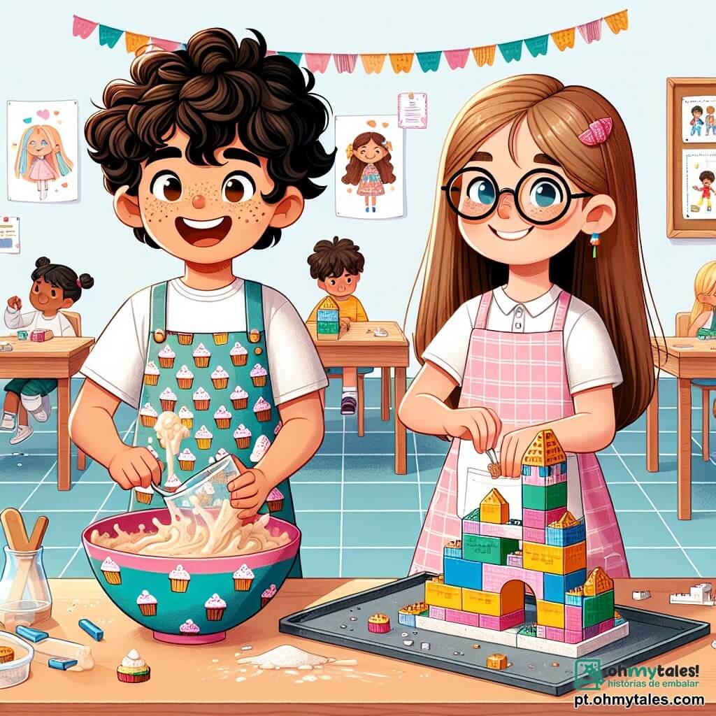 Um menino de 8 anos, Lucas, com cabelos cacheados e um grande sorriso radiante, está misturando uma massa de bolo em uma tigela colorida. Ele usa um avental com estampas de cupcakes e parece feliz e concentrado, com grãos de farinha no rosto. Ao lado dele, sua melhor amiga Sofia, uma menina de 8 anos com cabelos longos e lisos, usa óculos e ajusta uma pequena maquete de ponte feita de blocos de construção. Ela sorri orgulhosamente, mostrando seu entusiasmo pelo projeto. A cena acontece em uma sala de aula iluminada, decorada com desenhos de crianças e guirlandas coloridas, com mesas de madeira onde outros alunos trabalham em seus projetos. No fundo, cartazes sobre igualdade de gênero adornam as paredes, adicionando um toque educativo ao ambiente. A situação principal mostra Lucas e Sofia colaborando alegremente para a feira de profissões da escola, ilustrando a ideia de que meninos podem cozinhar e meninas podem construir, celebrando assim a igualdade de gênero com criatividade e camaradagem.