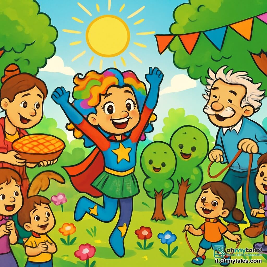 Al centro dell'immagine, Stella Stropicciata, una supereroina gioiosa, è rappresentata con capelli ricci e colorati come un arcobaleno, indossando un costume brillante che scintilla sotto il sole. Sorride ampiamente, i suoi occhi brillano di eccitazione, mentre danza con alberi di peluche intorno a lei, le braccia sollevate in una posa dinamica. Alla sua destra, il signor Barbagelo, un uomo di circa 70 anni, ha capelli grigi in disordine e baffi lunghi che ondeggiano al vento. Ride mentre gioca a saltare la corda con i bambini, leggermente in disparte, ma radioso di felicità. A sinistra, la signora Pasticciotta, una donna di cinquant'anni con un grembiule a pois e capelli raccolti, sta tirando fuori una grande torta dorata da un cesto. Sorride calorosamente, circondata da piccoli bambini che la osservano con meraviglia. Il panorama è un parco vibrante di colori, con alberi dalle foglie verdi brillanti e fiori multicolori che danzano al ritmo della musica. Ghirlande di bandierine colorate sventolano nell'aria e tavoli sono imbanditi con deliziose pasticcerie. La scena principale mostra Stella, circondata da alberi di peluche che danzano gioiosamente, mentre organizza una grande festa di torte, con i paesani che si divertono, ridono e gustano le dolcezze, creando un'atmosfera festosa e piena di vita.
