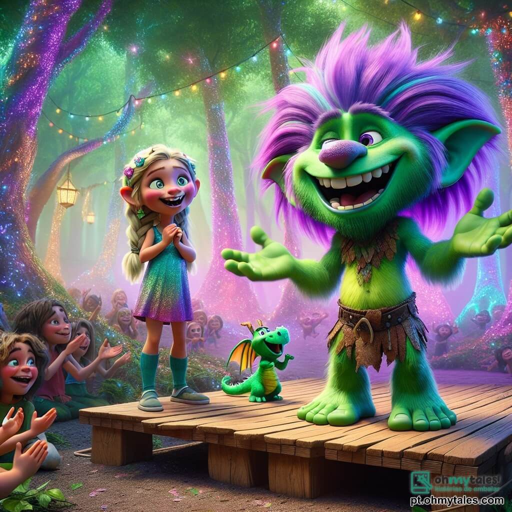 Um troll chamado Trovão, com pele verde brilhante, cabelo bagunçado de cor roxa e grandes olhos curiosos, está em um palco de madeira no meio de um bosque. Ele sorri alegremente, pronto para contar sua piada, com os braços abertos em uma postura acolhedora. Ao seu lado, um pequeno dragão verde, com escamas brilhantes e olhos cintilantes, bate as asas de excitação, rindo da piada de Trovão. Mais adiante, uma menina humana de cerca de 8 anos, com cabelo loiro trançado e um vestido colorido, aplaude entusiasticamente, seus olhos brilhando de admiração pelo troll. O local é um magnífico bosque encantado, repleto de árvores com troncos coloridos, flores dançantes e luzes cintilantes flutuando no ar, criando uma atmosfera mágica e alegre. A situação principal mostra Trovão prestes a contar sua piada para o público divertido, enquanto risadas e aplausos ressoam ao seu redor, preenchendo o ar de alegria e amizade.