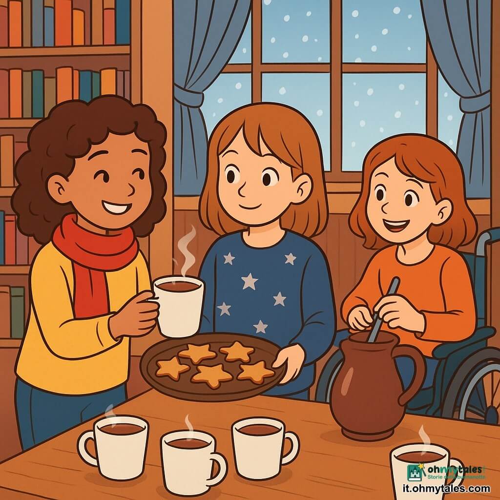 Ci sono 3 personaggi: - Alice: una ragazza di 10 anni con capelli ricci e una sciarpa rossa. Sorride e si trova vicino al tavolo, offrendo una tazza di cioccolata calda a un bambino. - Giulia: una ragazza di 10 anni con un maglione blu decorato con stelle argentate. È attenta e si trova accanto ad Alice, tenendo un vassoio di biscotti. - Marta: una ragazza di 10 anni, dinamica, con un sorriso caloroso, che utilizza una piccola sedia a rotelle. È leggermente in disparte, mentre mescola la cioccolata calda in una grande brocca. Il luogo è una biblioteca accogliente, con grandi finestre che lasciano entrare la luce morbida dell'inverno. Fiocchi di neve cadono lentamente all'esterno, mentre all'interno, scaffali pieni di libri colorati circondano un grande tavolo di legno, coperto di tazze fumanti e biscotti a forma di stella. La situazione principale mostra le tre amiche che accolgono gioiosamente altri bambini, offrendo bevande calde e sorrisi. L'atmosfera è vivace e calorosa, piena di risate e gentilezza, mentre i bambini condividono momenti di convivialità attorno al tavolo.