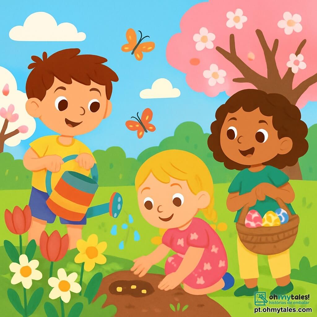Há 3 personagens: - Miguel: um menino de 6 anos com cabelo castanho bagunçado, vestindo uma camiseta amarela e um short azul. Ele está em pé, sorrindo, segurando um regador colorido. - Lara: uma menina de 5 anos com cabelo loiro trançado, vestida com um vestido rosa florido. Ela está agachada, plantando sementes no jardim. - Sofia: uma menina de 4 anos com cabelo castanho cacheado, vestindo uma camiseta verde e uma calça bege. Ela está em pé ao lado de Miguel, segurando uma cesta cheia de ovos decorados. O local é um jardim primaveril iluminado, repleto de flores vibrantes: tulipas vermelhas, margaridas brancas e narcisos amarelos. Árvores floridas acrescentam um toque de magia, enquanto o céu é de um azul brilhante com algumas nuvens brancas fofas. A situação principal mostra as crianças se divertindo juntas no jardim. Miguel rega as plantas, Lara planta sementes com cuidado e Sofia procura ovos escondidos entre as flores. A atmosfera é alegre e cheia de vida, com borboletas coloridas voando ao redor deles.