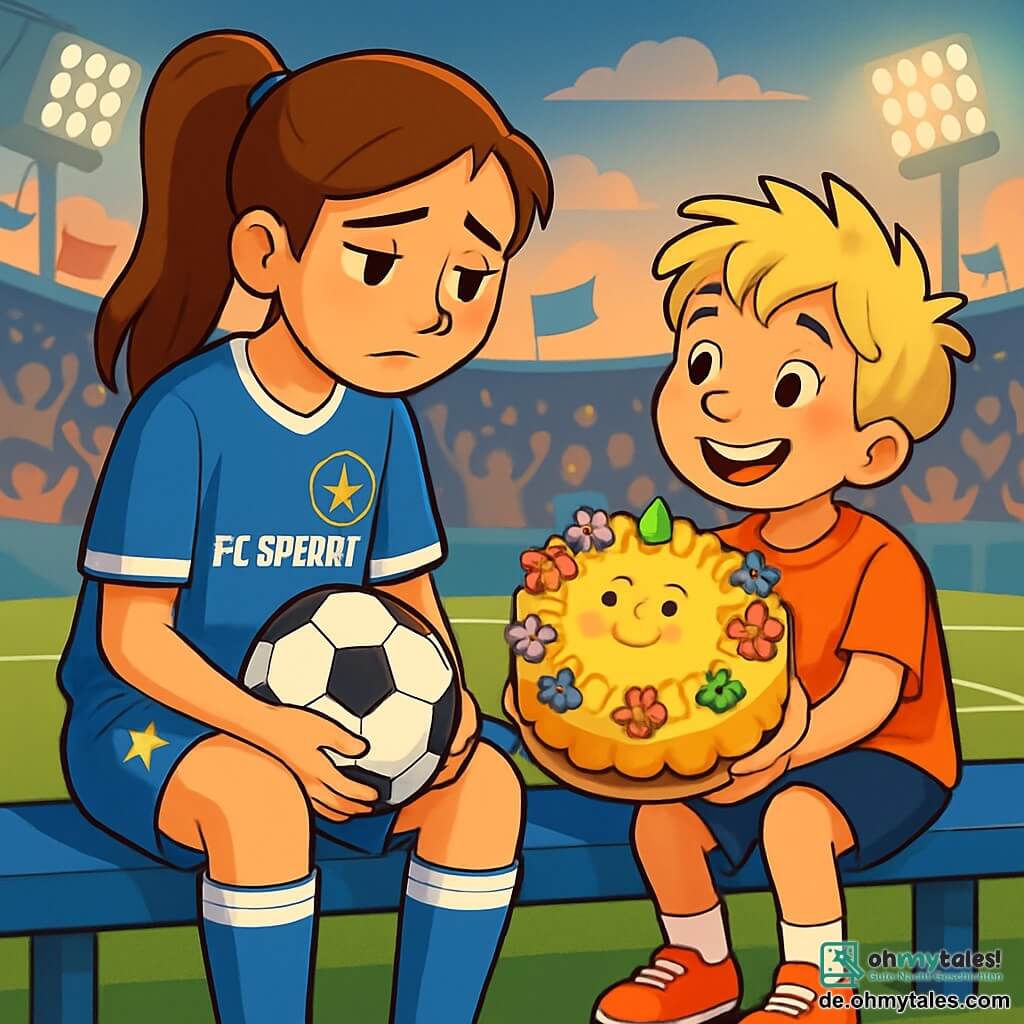 Eine junge Frau, Mia, sitzt auf einer Stadionbank, mit leicht gesenkten Schultern und einem melancholischen Ausdruck im Gesicht. Sie trägt ein leuchtend blaues Fußballtrikot mit dem Logo ihres Teams, FC Sternenblitz, und passende Shorts. Ihre braunen Haare sind zu einem Pferdeschwanz gebunden, und sie hält einen Fußball zwischen ihren Händen und schaut auf den Boden.

Neben ihr sitzt ein kleiner Junge namens Luis, etwa zehn Jahre alt, am Rand der Bank. Er hat zerzauste blonde Haare und ein breites Lächeln im Gesicht. Er hält einen riesigen Kuchen in Form einer Sonne, dekoriert mit bunten Blumen, den er bewundernd betrachtet, bereit, ihn mit Mia zu teilen.

Die Szenerie ist ein lebhaftes Stadion, mit Zuschauern, die applaudieren, und wehenden Fahnen. Der Himmel ist leicht bewölkt, aber die Lichter des Stadions beleuchten das strahlend grüne Feld und schaffen eine warme Atmosphäre trotz der Niederlage.

Die Hauptsituation zeigt Mia, nach einer Niederlage nachdenklich und traurig, während Luis, voller Begeisterung, versucht, sie mit seinem Kuchen zu trösten und diesem schwierigen Moment einen Hauch von Freude und Hoffnung zu verleihen.