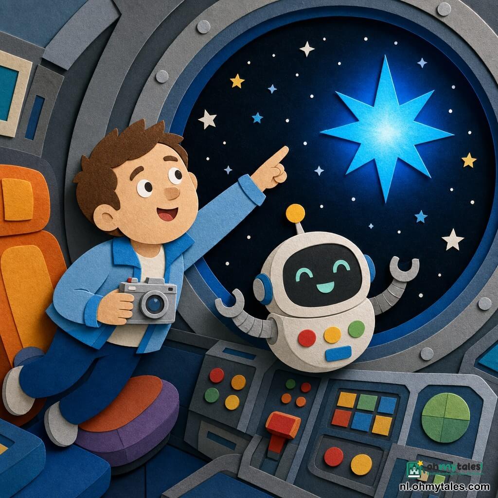 Tim (ongeveer 35 jaar, rond gezicht, kort bruin haar, lichtblauwe jas, verwonderde glimlach) wijst naar een grote blauwe ster en houdt een klein zilverkleurig fototoestel; Bob, een rond robotje met glimlachend scherm, gele antenne en wit lichaam met gekleurde knopjes, zweeft op schouderhoogte en knippert vrolijk; de brug van een ruimteschip heeft een panoramisch rond raam, panelen met rood/groen/gele knoppen en metalen oppervlakken; buiten is een diepe zwarte sterrenhemel met fonkelende sterretjes en een grote blauwe ster die zacht blauw licht de cabine in werpt; situatie: Tim en Bob zweven bij het raam, badend in warm blauw licht, Tim kijkt betoverd en Bob knippert alsof hij zingt, zachte, vrolijke en magische sfeer.