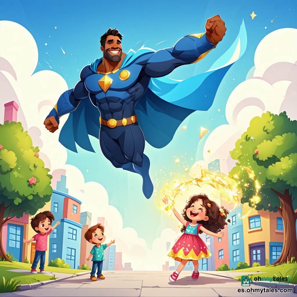 Un hombre alto y sonriente, el Capitán Lúmen, lleva una capa azul brillante que flota en el viento. Sus ojos claros brillan con determinación y su mano emite una suave luz dorada. Vuela en el cielo, rodeado de nubes blancas y esponjosas. A sus pies, una niña de unos 6 años, con cabello rizado y un vestido colorido, levanta los brazos riendo, maravillada por el espectáculo. Ella está en una acera, rodeada de sus amigos que la observan con los ojos muy abiertos. El lugar es una ciudad animada, con edificios coloridos, árboles verdes y niños jugando en un parque abajo. El sol brilla de nuevo, iluminando la escena con una luz cálida. La situación principal muestra al Capitán Lúmen salvando a un gato atrapado en un árbol, mientras la niña y sus amigos aplauden y sonríen, llenos de alegría y admiración.