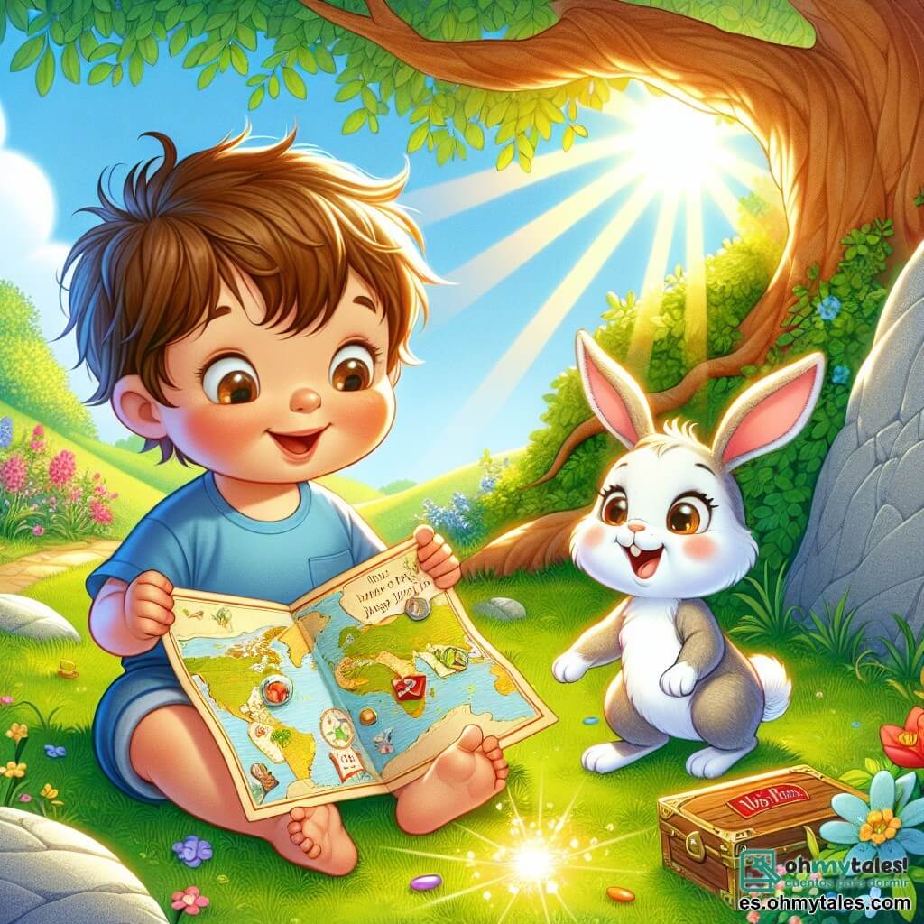 Un niño de un año, con cabello castaño desordenado y ojos brillantes de curiosidad, está sentado en la hierba verde, sosteniendo un gran y colorido mapa mágico. Sonríe con asombro, sus mejillas redondas y rosadas iluminadas por el sol. A su lado, una adorable conejita llamada Lila, con pelaje blanco y grandes orejas caídas, salta de alegría, sus ojos brillando de emoción. El escenario es un jardín soleado, lleno de flores coloridas y un gran árbol majestuoso que ofrece sombra. Al pie del árbol, una roca gris se erige, sobre la cual el niño y la conejita se concentran. La situación principal muestra a Lucas y Lila descubriendo una pequeña caja de madera escondida bajo la roca, con sus rostros iluminados por el hallazgo de un tesoro lleno de colores y juguetes, simbolizando la aventura y la amistad.