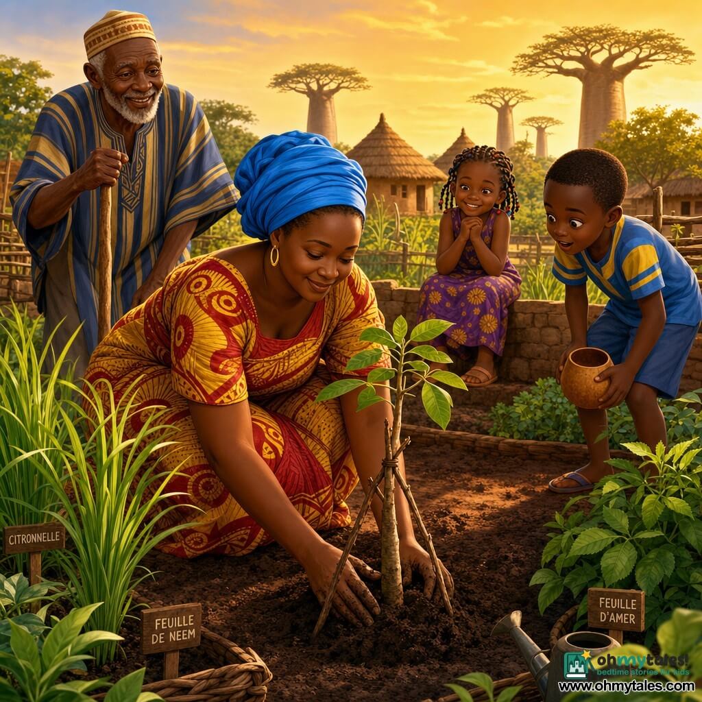 A woman (Faidah), about 35, round gentle face, determined serene expression, dirty hands, squatting to plant a young baobab while wearing a red-and-yellow patterned wrap and bright blue headscarf, attentive calm posture; an old man (~70) with wrinkled skin and bright eyes stands just behind her to the left, leaning on a wooden stick and smiling proudly as he taps the ground; a boy (~8) with short hair stands on tiptoe to the right, wide-eyed and holding a small calabash; a girl (~6) with many braids sits on a low wall in the background, hands clasped and softly laughing; the setting is a medicinal herb garden enclosed by woven branch fencing with neat red-earth beds, bright lemongrass clumps, dark bitter leaf, small thatched huts and distant baobabs under a golden late-afternoon sky; the moment is intimate and calm as the woman sets the young plant into fresh moist soil with twigs supporting the trunk, herbs’ leaves trembling in a light breeze, warm light and earthy textures contrasting with vivid clothing.