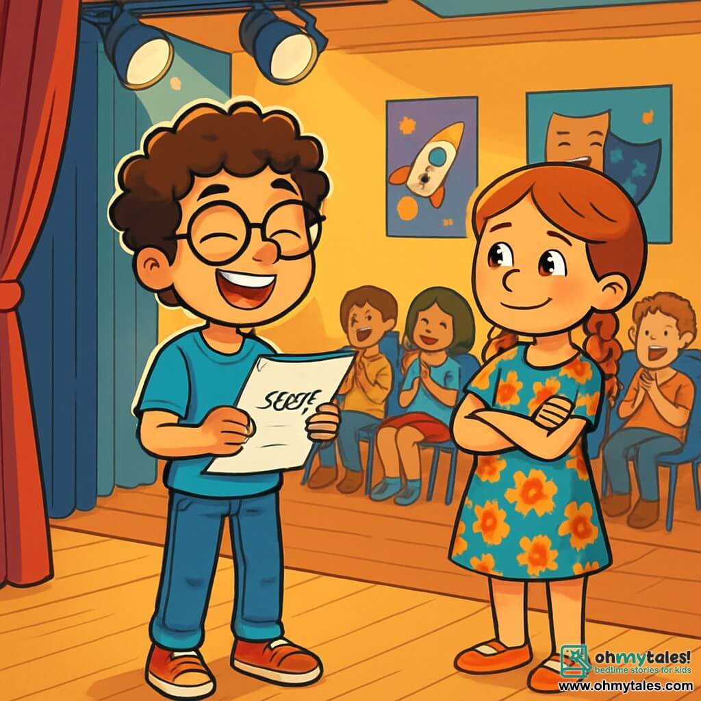A 10-year-old boy with curly hair and slightly oversized glasses stands on a wooden stage, his face lit up with a radiant smile of excitement and pride. He wears a bright blue t-shirt and jeans, holding a script in his hands, ready to play his role. Next to him, a 10-year-old girl with red hair in braids encourages him with a warm smile, dressed in a colorful floral-patterned dress, standing slightly back with her arms crossed, full of confidence. The setting is a lively community hall with brightly painted walls, show posters hanging up, and chairs filled with eager spectators. The stage is illuminated by sparkling spotlights, creating a magical and welcoming atmosphere. The main scene shows the boy preparing to go on stage for his first performance, surrounded by classmates who applaud and encourage him, illustrating a moment of confidence and camaraderie before the big show.