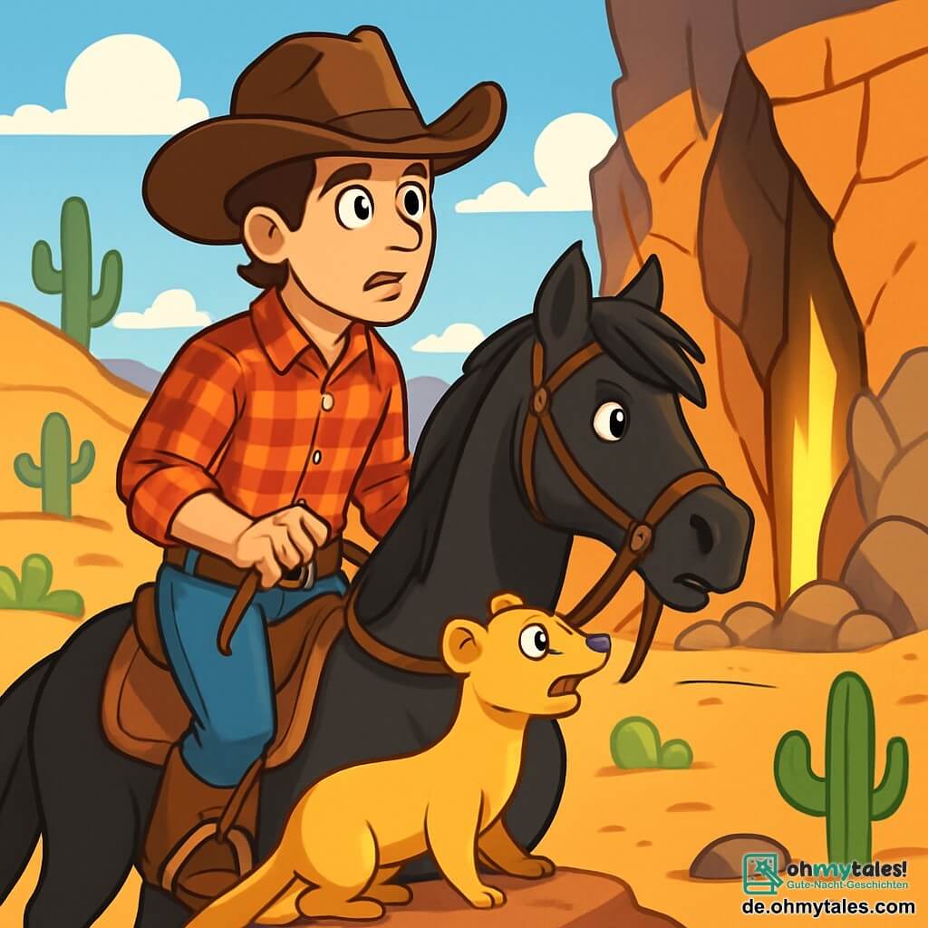 Ein Cowboy, ein Mann in den Dreißigern, mit einem breiten Filzhut, einem roten karierten Hemd und einer Jeans, steht auf seinem Pferd, einem prächtigen schwarzen Hengst namens Blitz. Sein Gesicht zeigt Aufregung und Neugier, mit leuchtenden Augen und einem entschlossenen Lächeln. Neben ihm beobachtet ein junger, neugieriger und schelmischer Goldmarder aufmerksam den Cowboy, bereit, ihn auf seinem Abenteuer zu begleiten. Die Kulisse ist eine weite Landschaft des Wilden Westens, mit sanften Hügeln, verstreuten Kakteen und einem strahlend blauen Himmel, der mit weißen, baumwollartigen Wolken übersät ist. In der Ferne sieht man einen geheimnisvollen Felsspalt, der ein faszinierendes Licht ausstrahlt, umgeben von steilen Felsen. Die Hauptsituation zeigt den zögernden Cowboy, der in den Felsspalt eintreten möchte, sein Blick auf das geheimnisvolle Licht gerichtet, während der energiegeladene Marder ihn zu ermutigen scheint, voranzuschreiten.