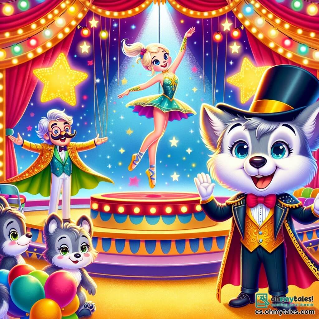 Un pequeño lobo llamado Lupi, con un suave pelaje gris y ojos brillantes de curiosidad, se encuentra en el centro de la escena, sonriendo con entusiasmo mientras aplaude. A su lado, el mago Don Magico, un hombre con un gran sombrero de copa y una capa colorida, hace un gesto espectacular con su varita, mostrando una expresión alegre y concentrada. Al fondo, la trapecista Rita, una hermosa mujer en un traje brillante, se lanza graciosamente al aire, con una radiante sonrisa en su rostro. El lugar es una gran carpa de circo, iluminada por luces brillantes y coloridas, con estrellas brillantes dibujadas en las paredes y un suelo de paja dorada. La escena está decorada con globos y guirnaldas, creando una atmósfera festiva y mágica. La situación principal muestra a Lupi, maravillado, aplaudiendo con alegría mientras Don Magico realiza un increíble truco de magia, mientras Rita realiza acrobacias impresionantes sobre ellos, cautivando la atención de todos los espectadores.
