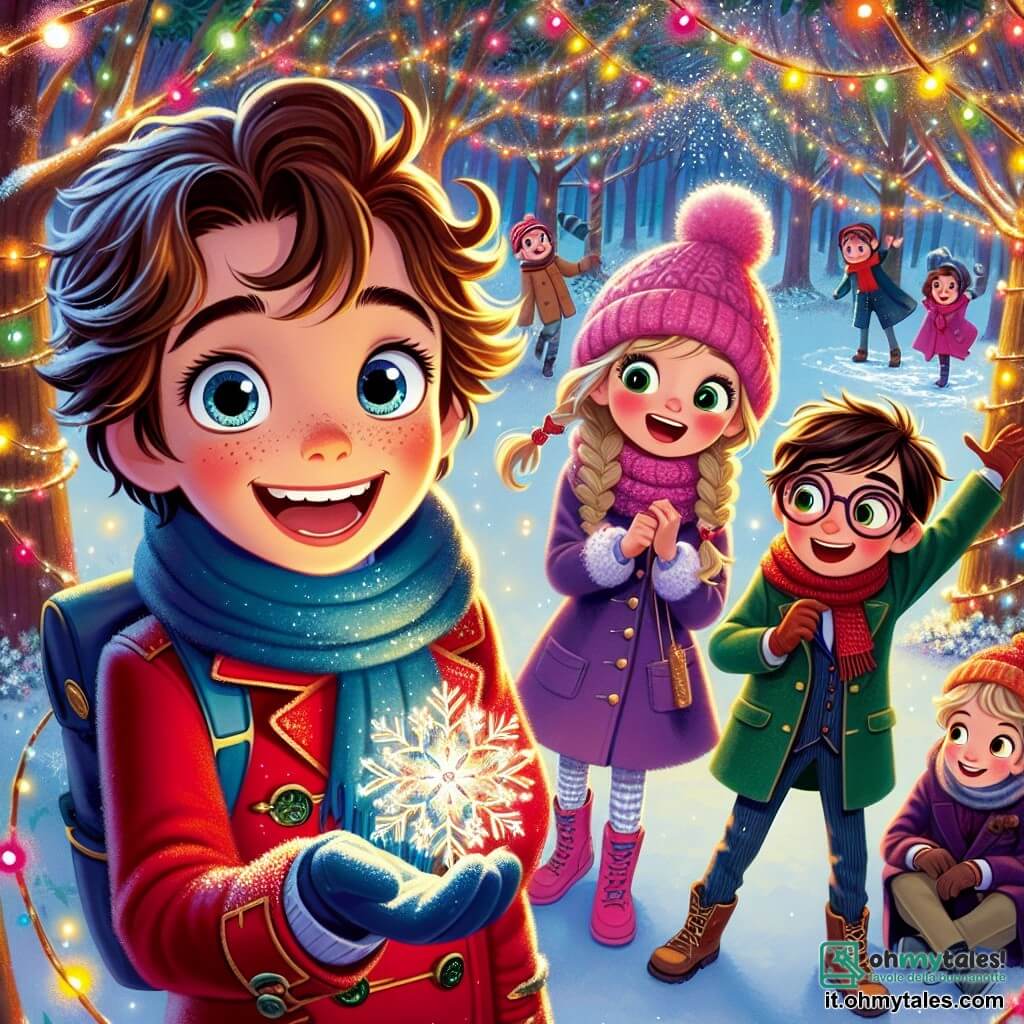 Un ragazzo di 11 anni, di nome Luca, si trova al centro della scena, con gli occhi brillanti di eccitazione. Ha i capelli castani in disordine, un sorriso radioso e indossa un cappotto rosso vivo con una sciarpa blu. Tiene in mano un fiocco di neve scintillante, meravigliato dalla sua bellezza. Accanto a lui, la sua migliore amica Sofia, una ragazza di 10 anni con lunghi capelli biondi intrecciati, indossa un berretto di lana rosa e un cappotto viola. Sorride gioiosamente guardando Luca, tenendo una ghirlanda di neve che hanno appena creato insieme. Un po' più in là, Marco, un ragazzo di 11 anni con occhiali e capelli castani, osserva divertito. Indossa un cappotto verde e fa gesti mimando una danza gioiosa, aggiungendo un tocco di allegria alla scena. Il contesto è una foresta incantata, dove gli alberi sono coperti da uno spesso strato di neve scintillante. Fiocchi di neve cadono dolcemente dal cielo, illuminando il paesaggio con una luce morbida e magica. Luci colorate decorano i rami degli alberi, creando un'atmosfera festiva. La scena principale mostra Luca, Sofia e Marco intenti a creare decorazioni di neve, ridendo e divertendosi insieme, mentre la magia dell'inverno li circonda, simboleggiando l'amicizia e la gioia delle feste.